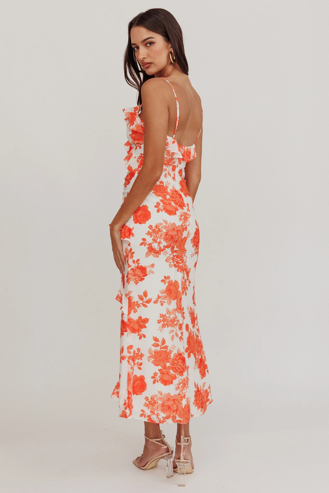 Silvana Frill Trim Maxi Dress Floral Orange