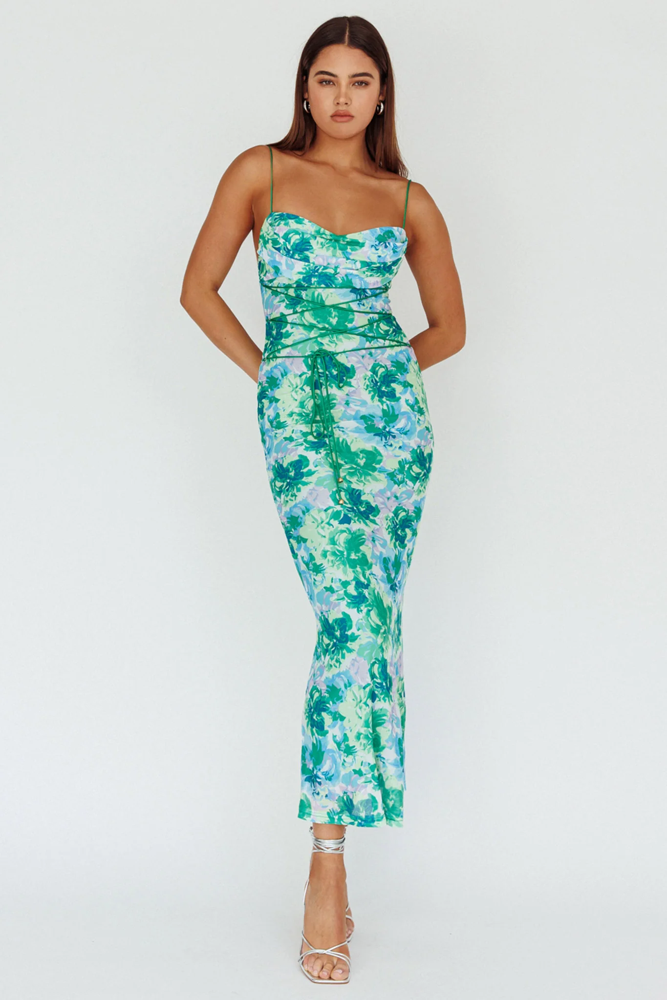 Teava Laced Waist Midi Dress Floral Green