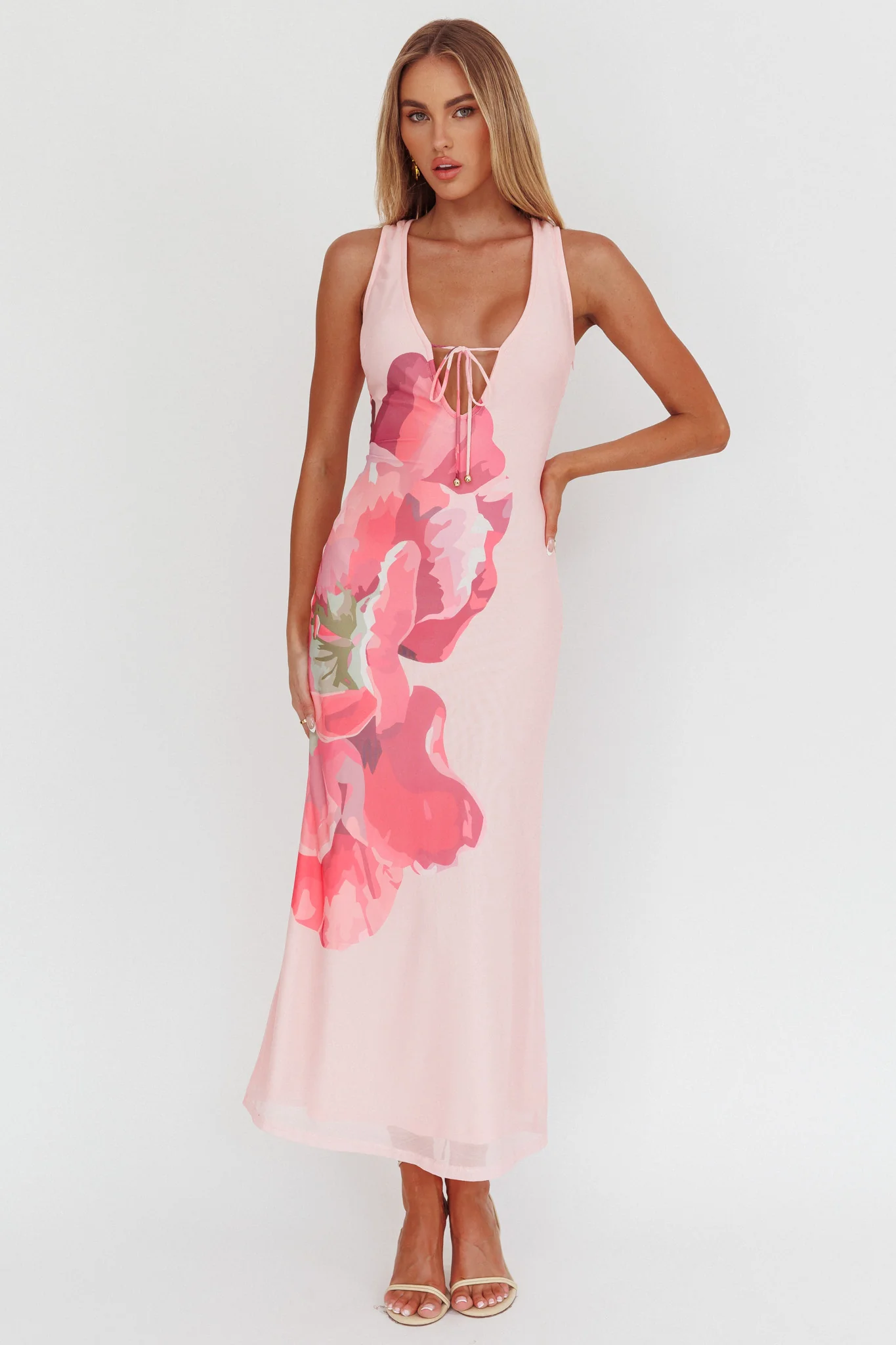 Cinders Tied Plunging Neckline Maxi Dress Flower Pink