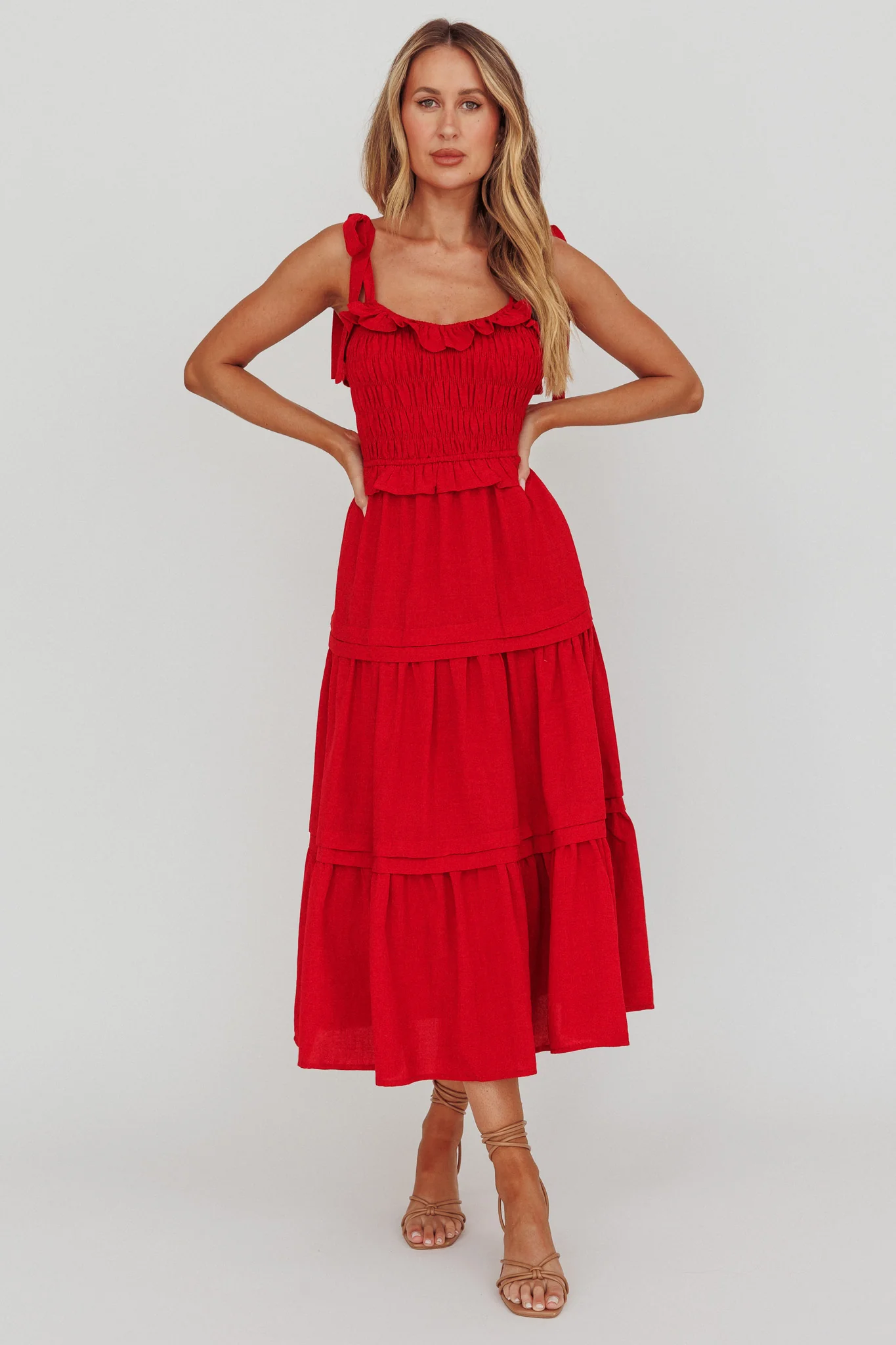 Paprika Tied Shoulder Shirred Midi Dress Red