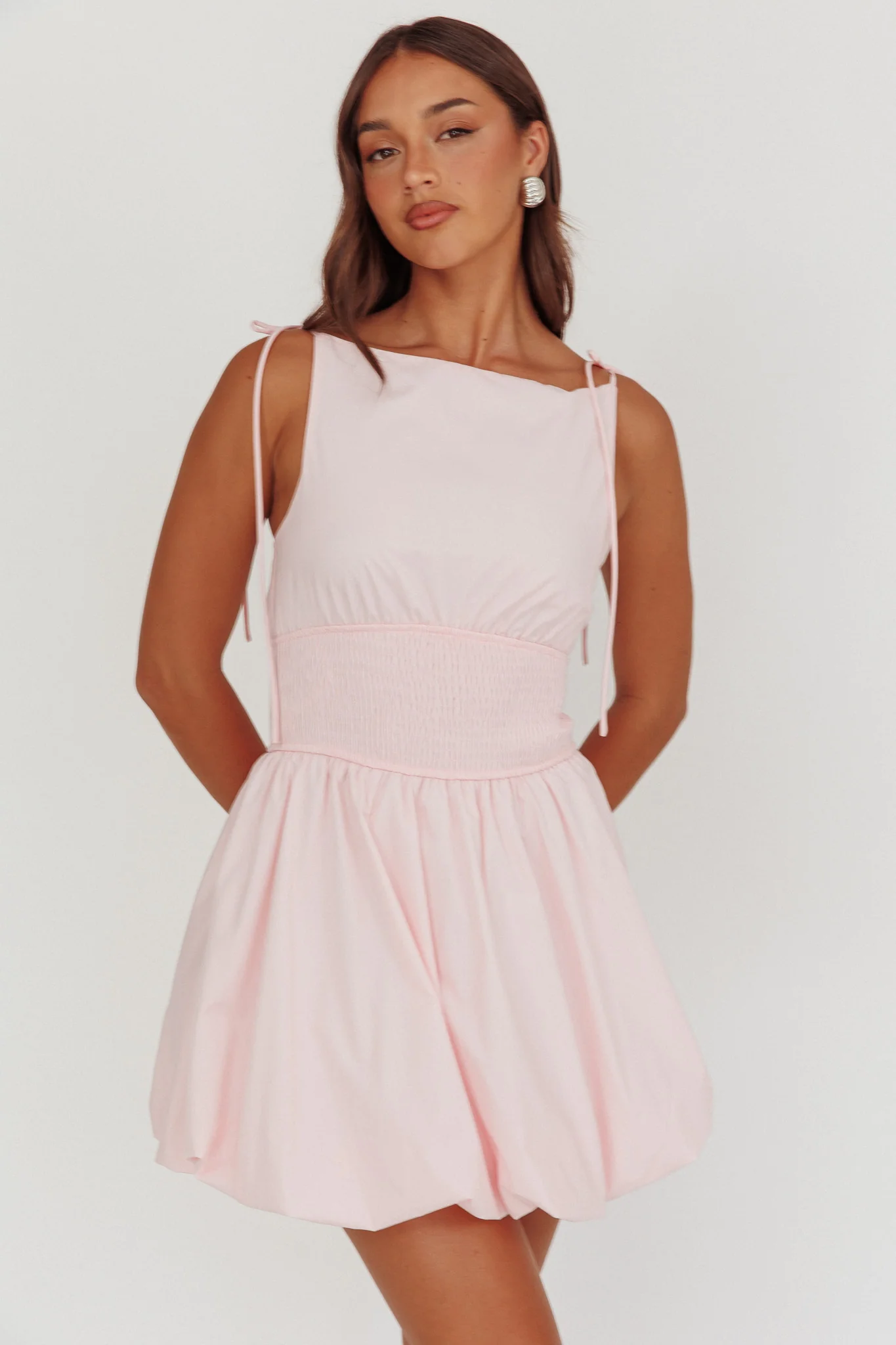 Like Art Tied Shoulder Bubble Mini Dress Pink