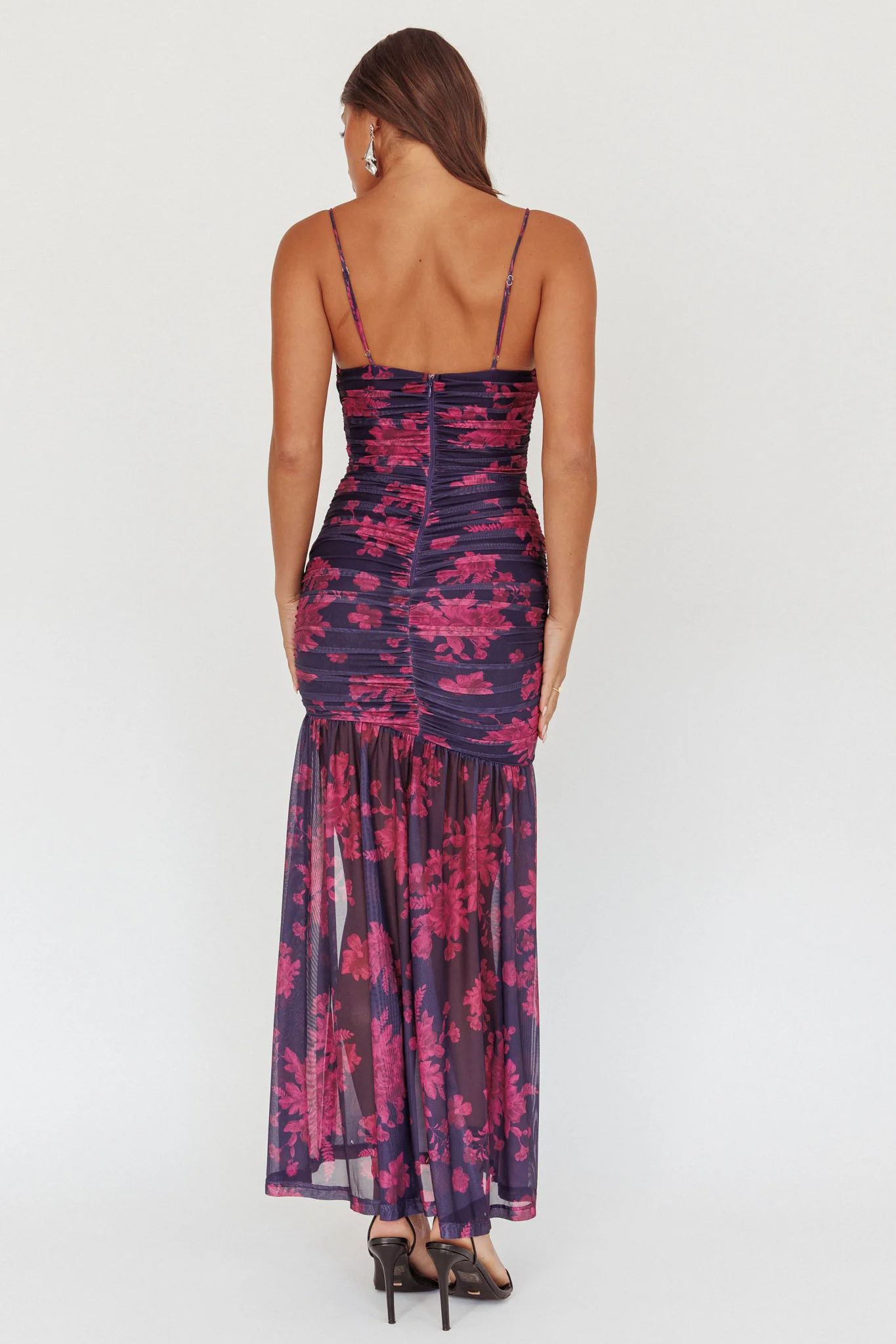 Stole The Show Ruched Mesh Maxi Dress Floral Grape