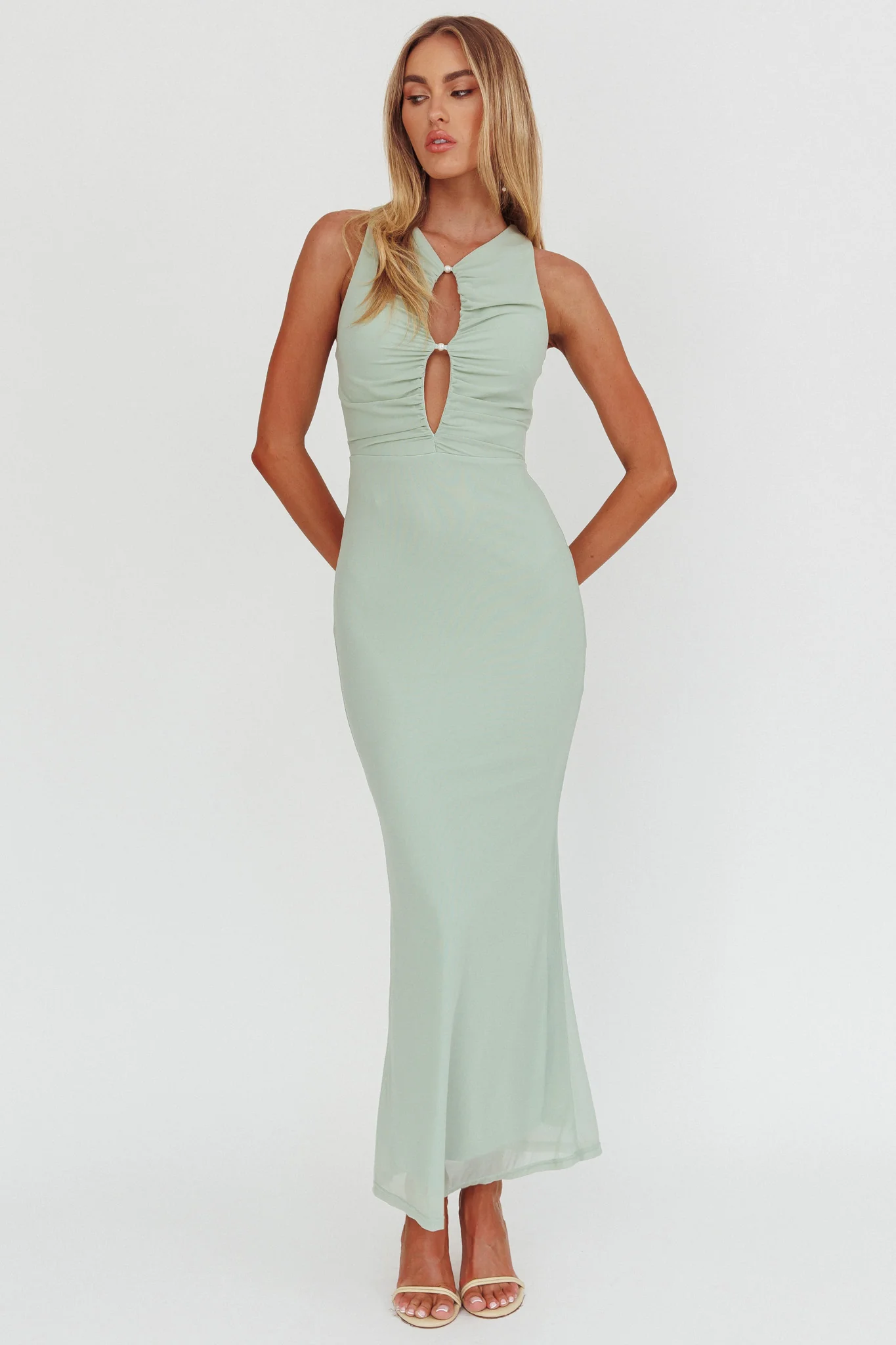 Piece Of Heaven Sleeveless Keyhole Mesh Maxi Dress Sage