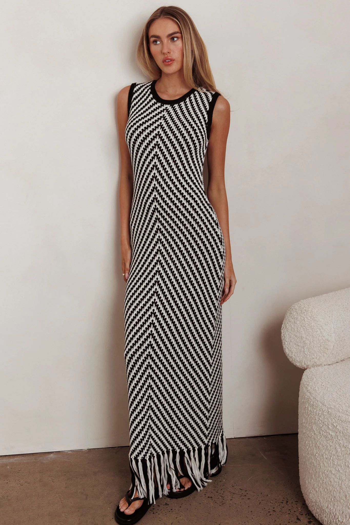 Same Place Fringed Knit Maxi Dress Black