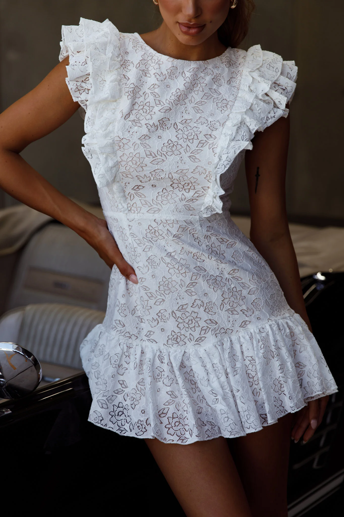 Spring Fling Frill Trim Lace Dress White