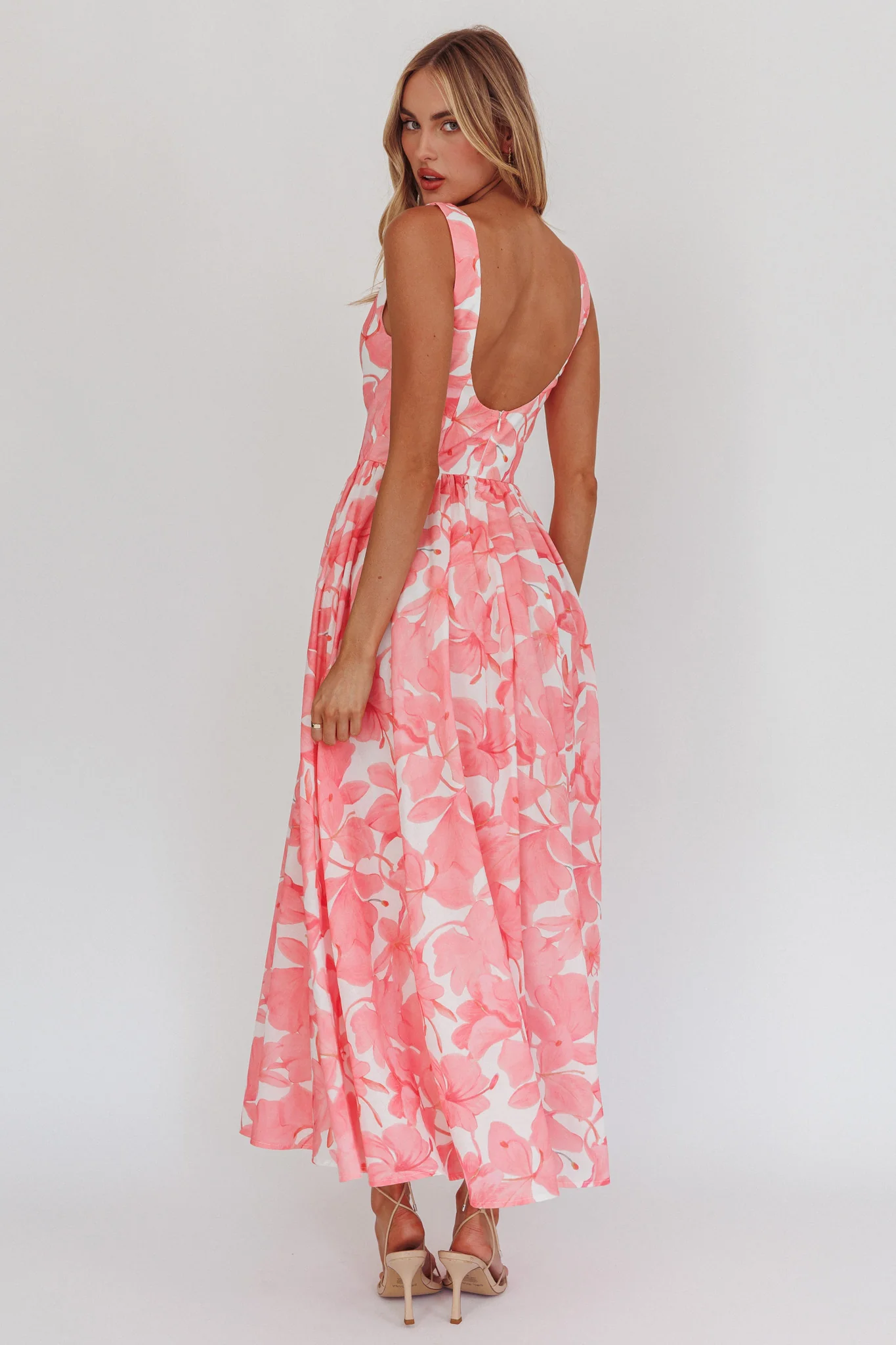 Opulent Low Back Maxi Dress Floral Pink