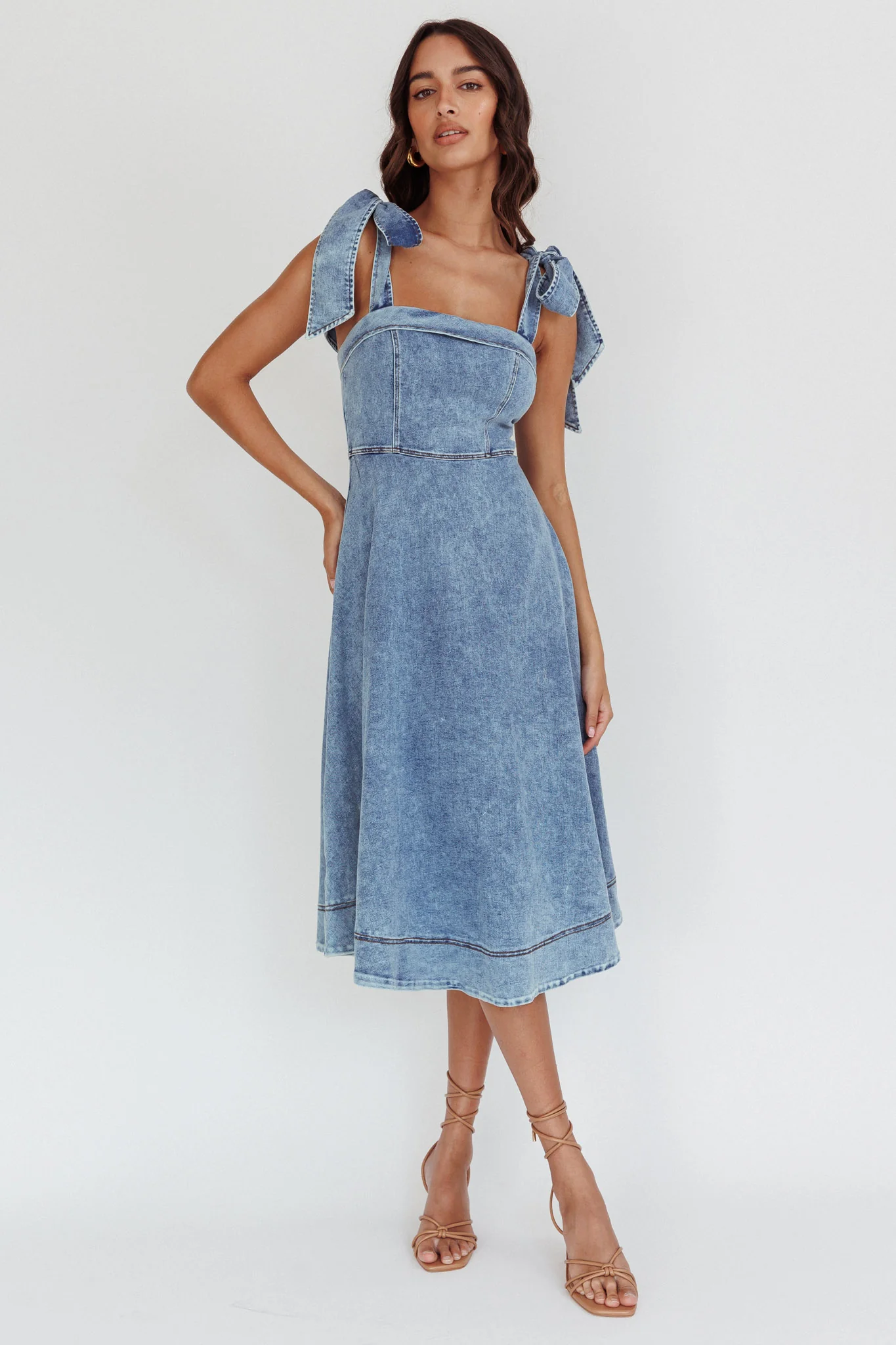 Jeanie Bow Shoulder Midi Dress Wash Denim Blue