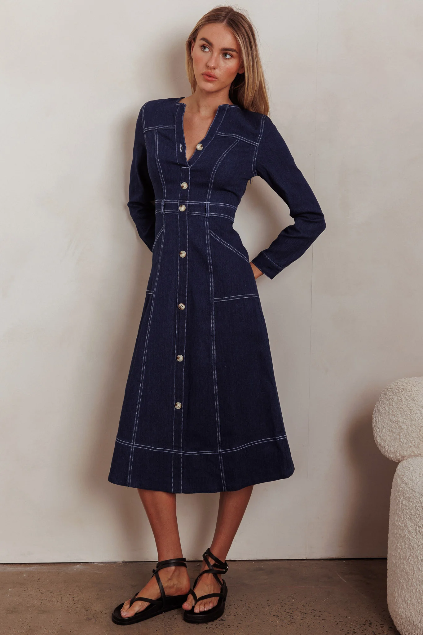 Aspen Love Front Pocket Long Sleeve Midi Dress Indigo
