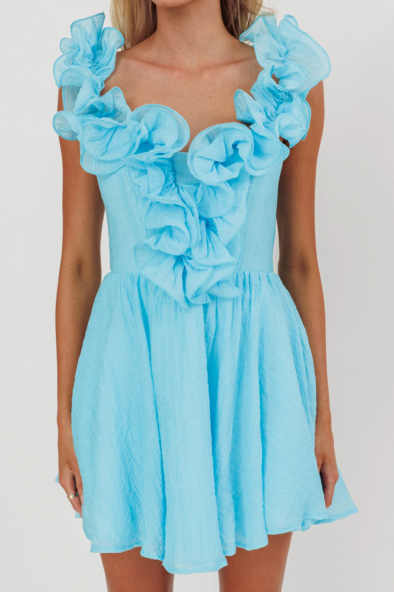 Nivaya Ruffle Neckline Mini Dress Ocean