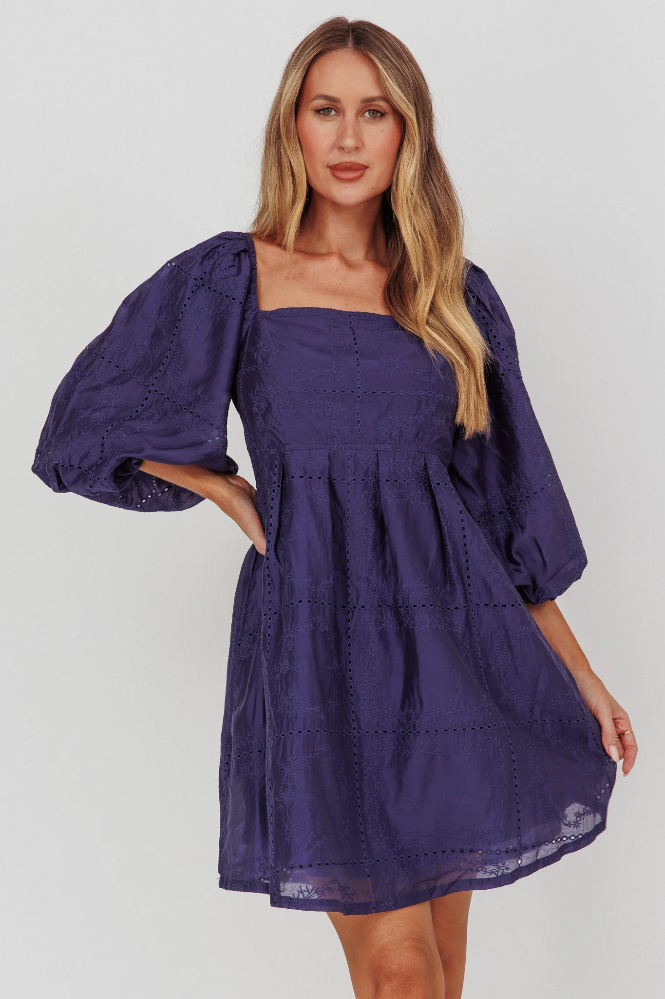 Summerlin Puff Sleeve Eyelet Mini Dress Navy