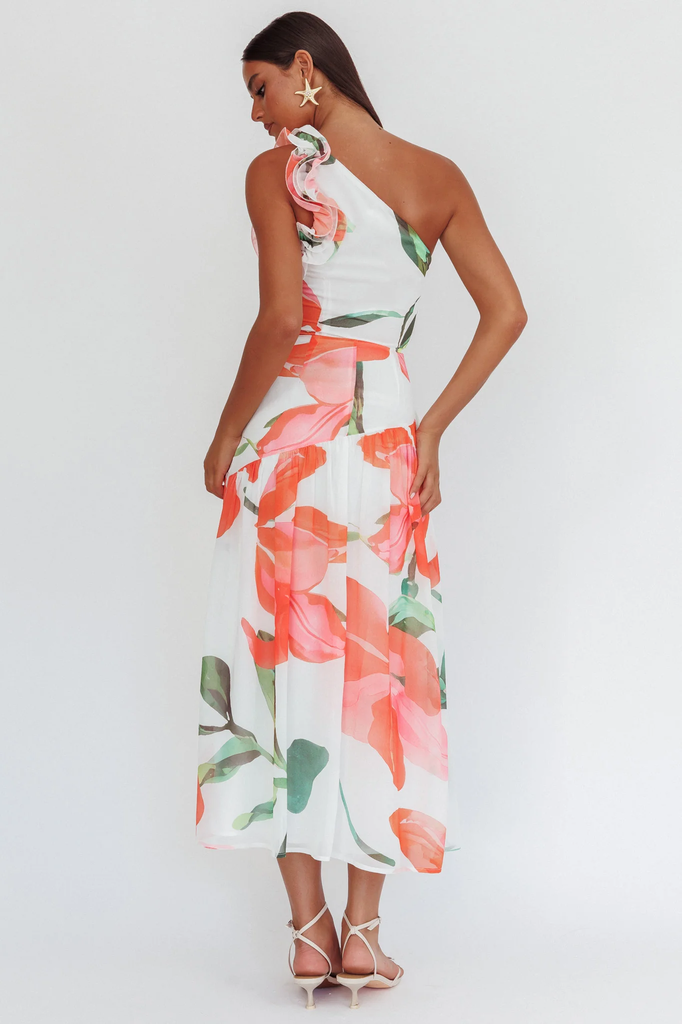 Kinley One-Shoulder Ruffle Maxi Dress Floral Red