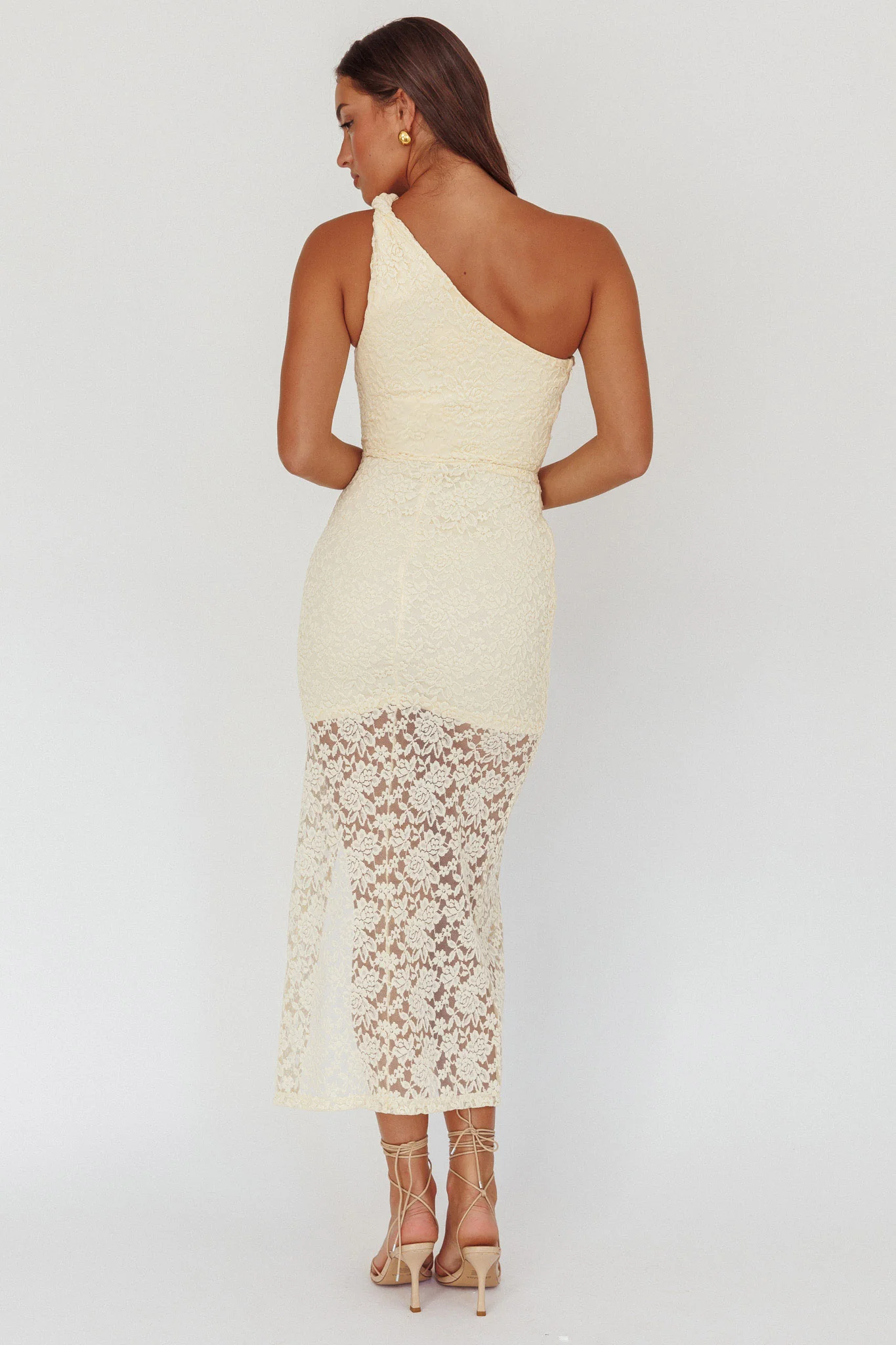 Lingering Love One-Shoulder Split Midi Dress Lace Yellow