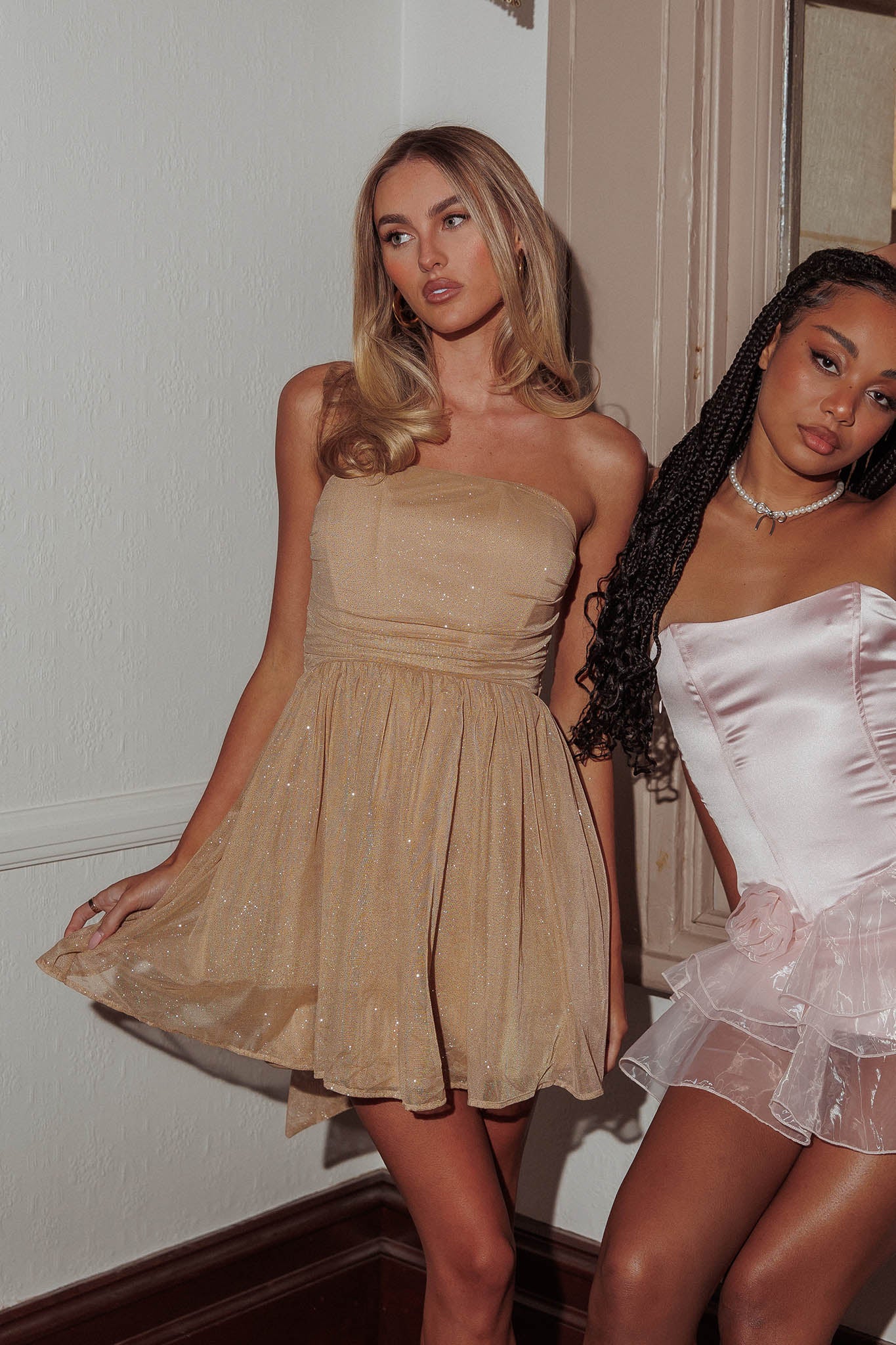 Guilty Pleasure Strapless Glitter Mini Dress Gold