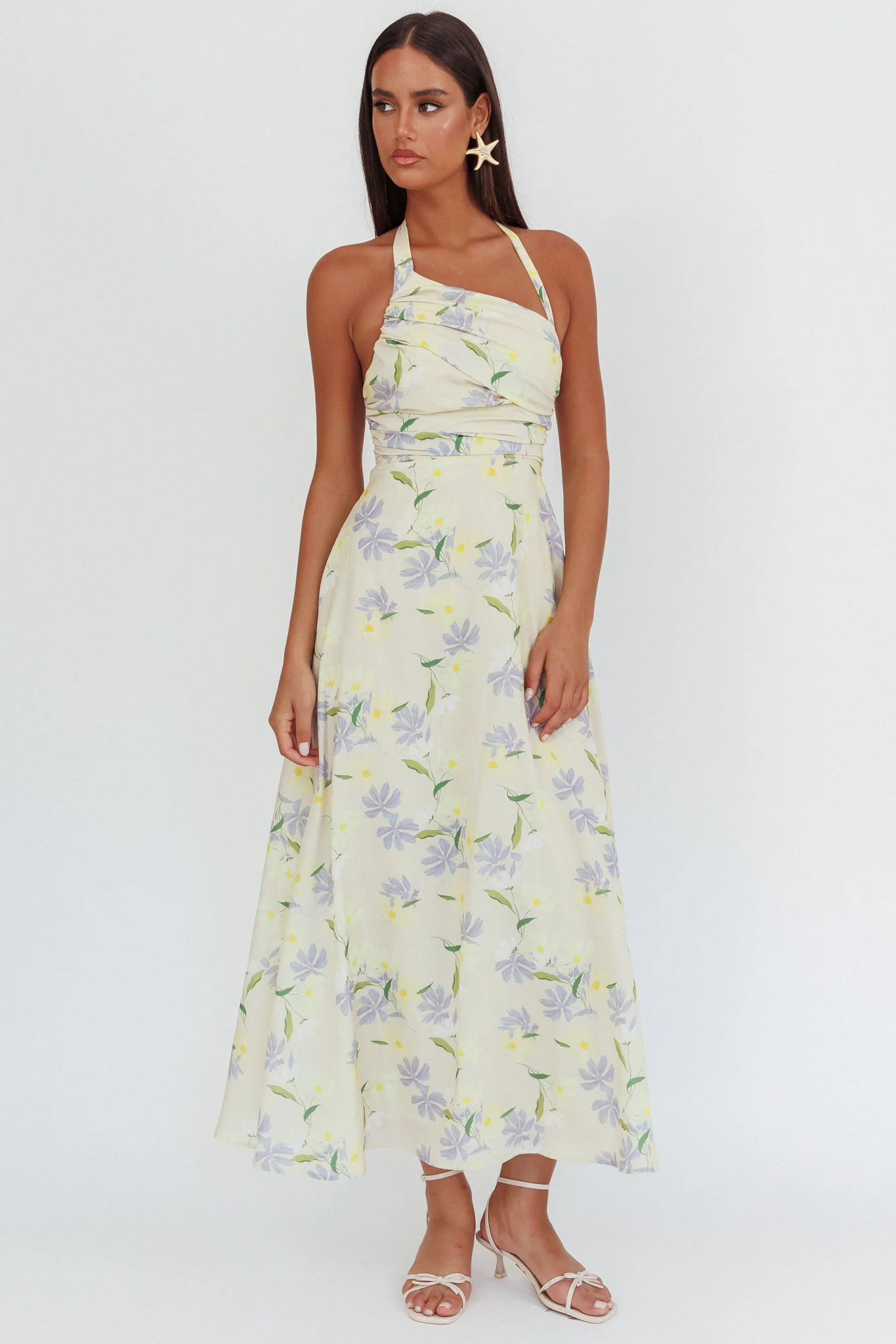 Auriana Asymmetric Neckline Halter maxi Dress Floral Lemon