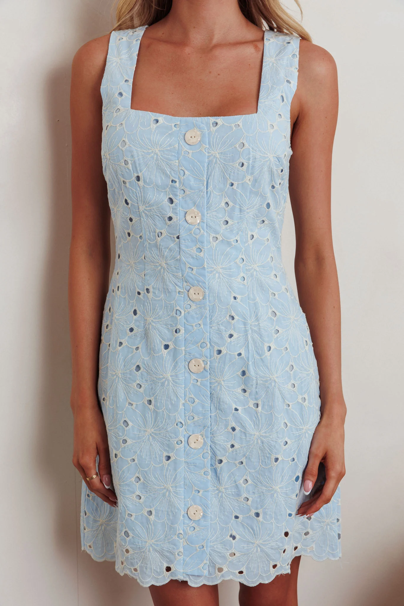 Villanelle Faux Button Placket Eyelet Mini Dress Blue