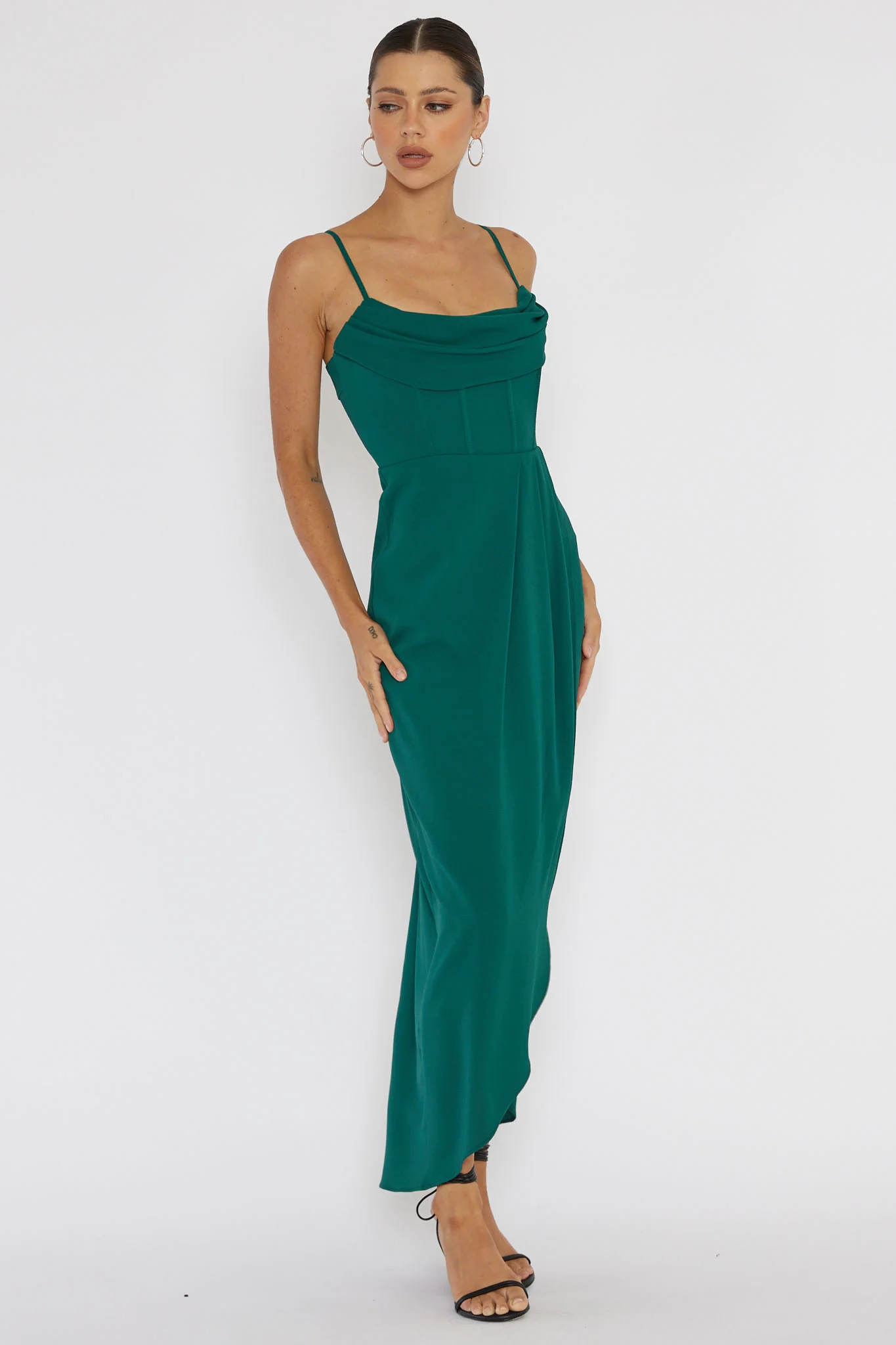 Patrice Draped Neck Split Midi Dress Forest Green