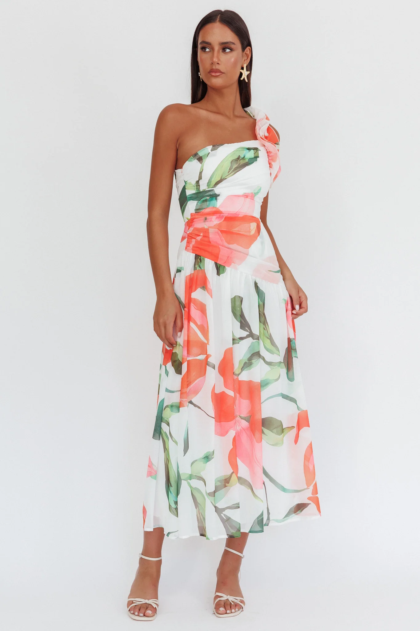 Kinley One-Shoulder Ruffle Maxi Dress Floral Red