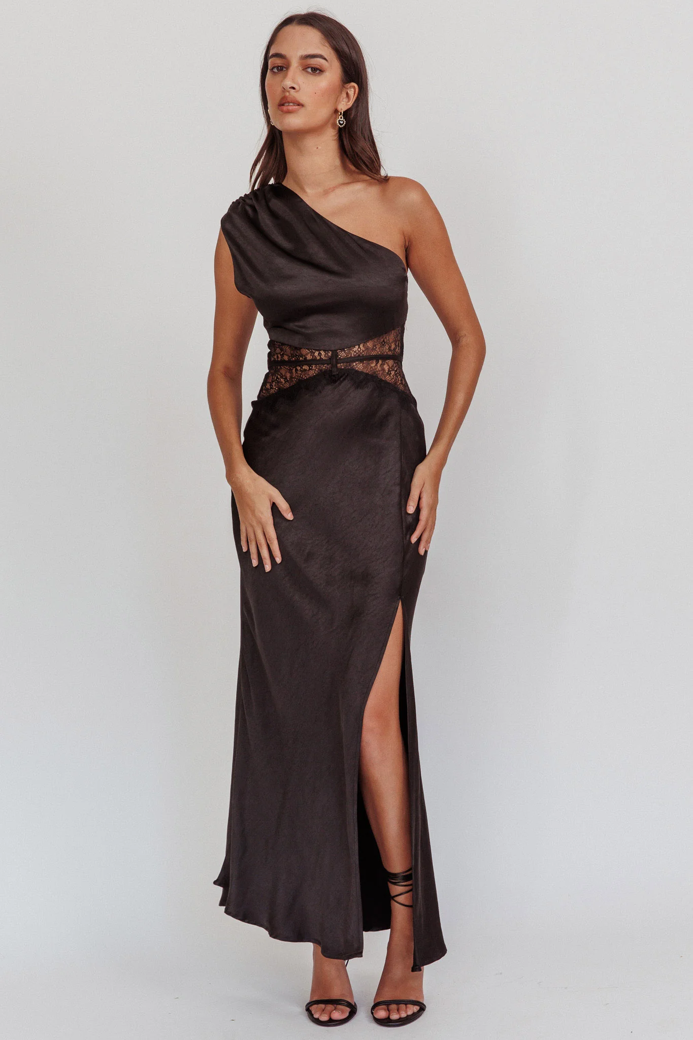 Tarly Lace Waist One-Shoulder Maxi Dress Black