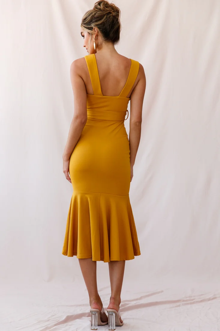 Sorry Not Sorry Wide Strap Flounce Dress Mustard