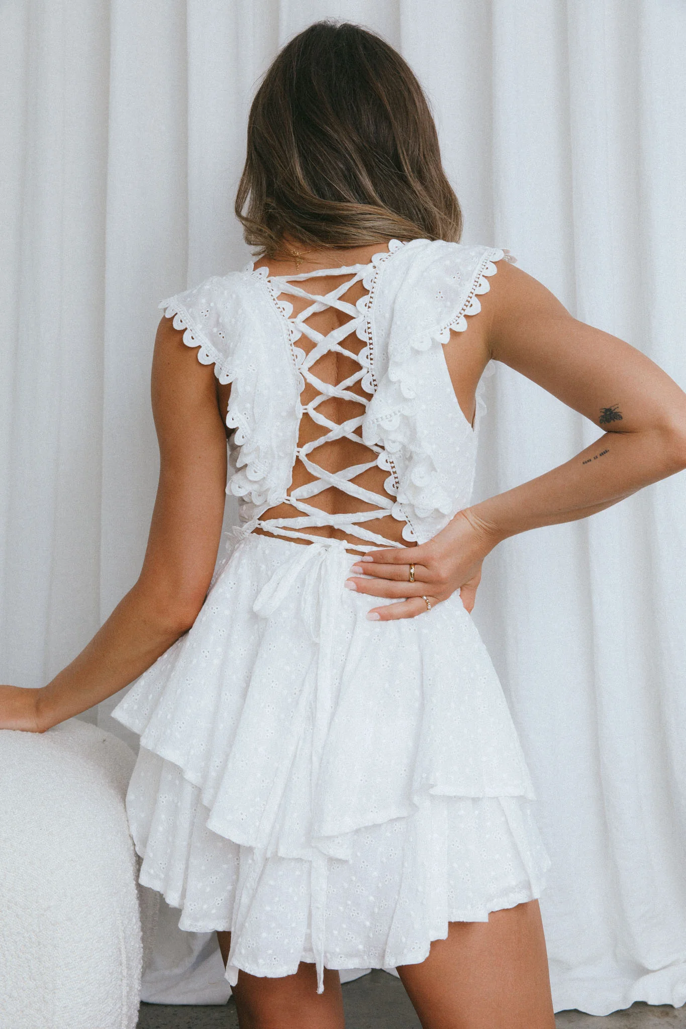 Charade Ruffle Shoulder Corset Back Eyelet Dress White