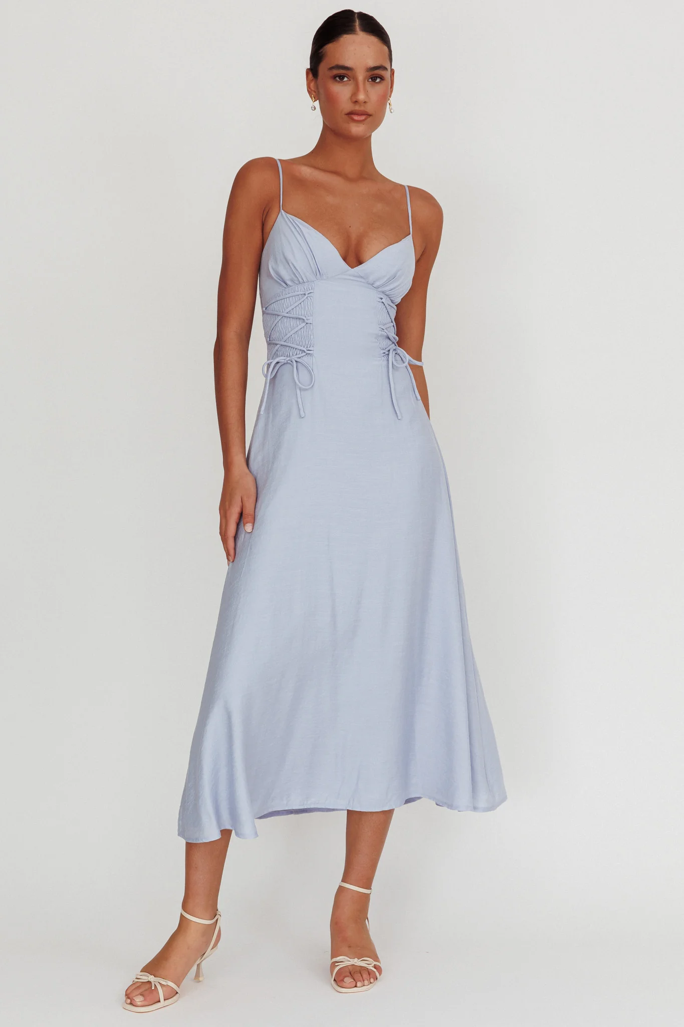 Kalaya Lace-Up Waist Midi Dress Light Blue