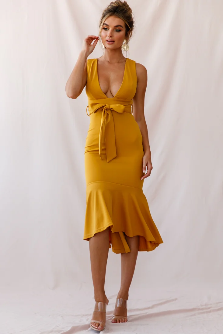 Sorry Not Sorry Wide Strap Flounce Dress Mustard