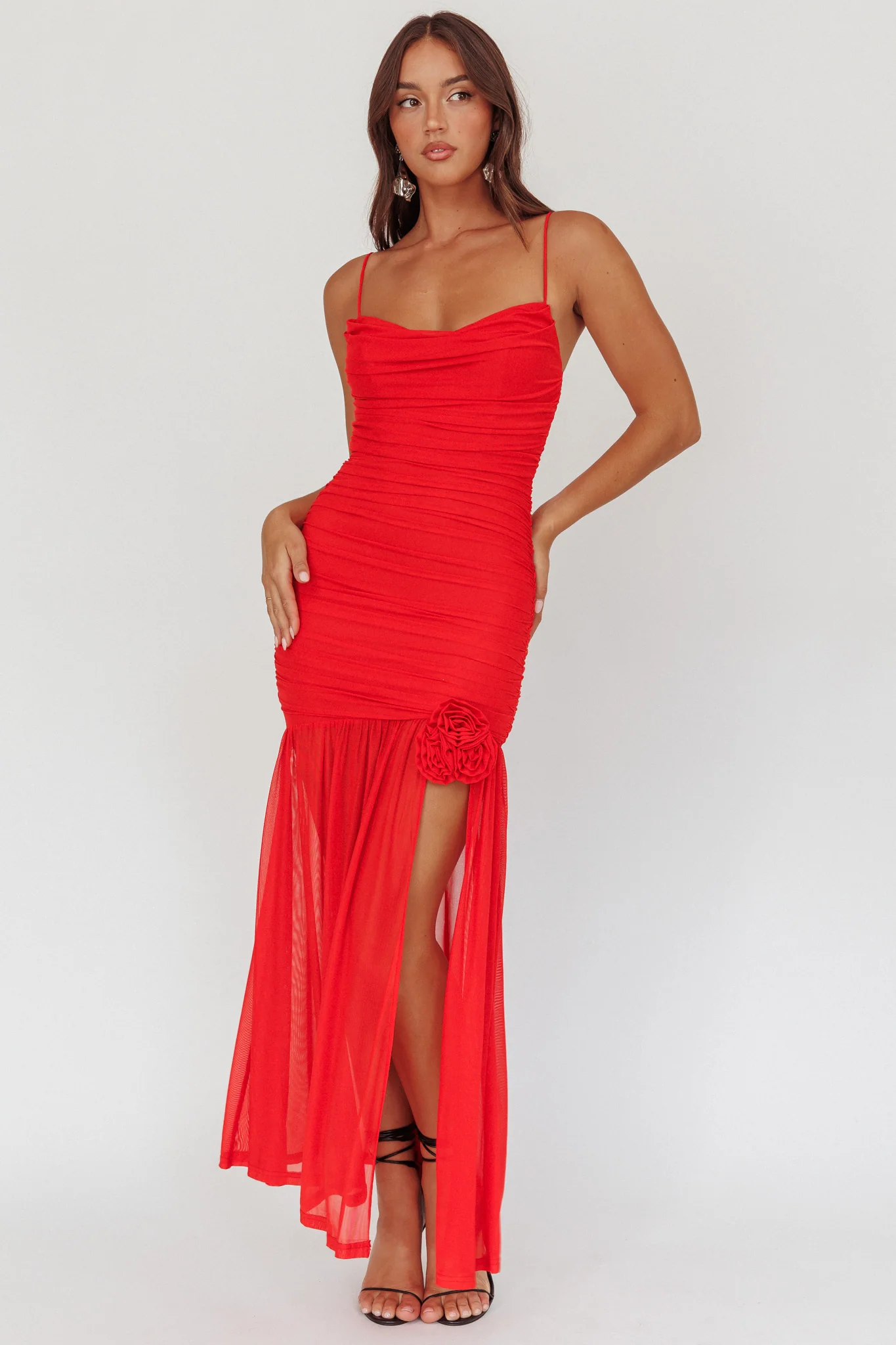 Stole The Show Ruched Mesh Maxi Dress Red