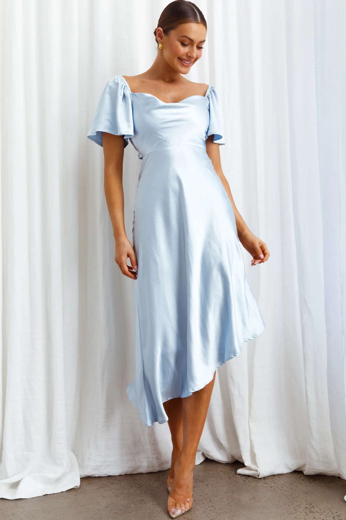 Grayson Tied Back Asymmetrical Midi Dress Steel Blue
