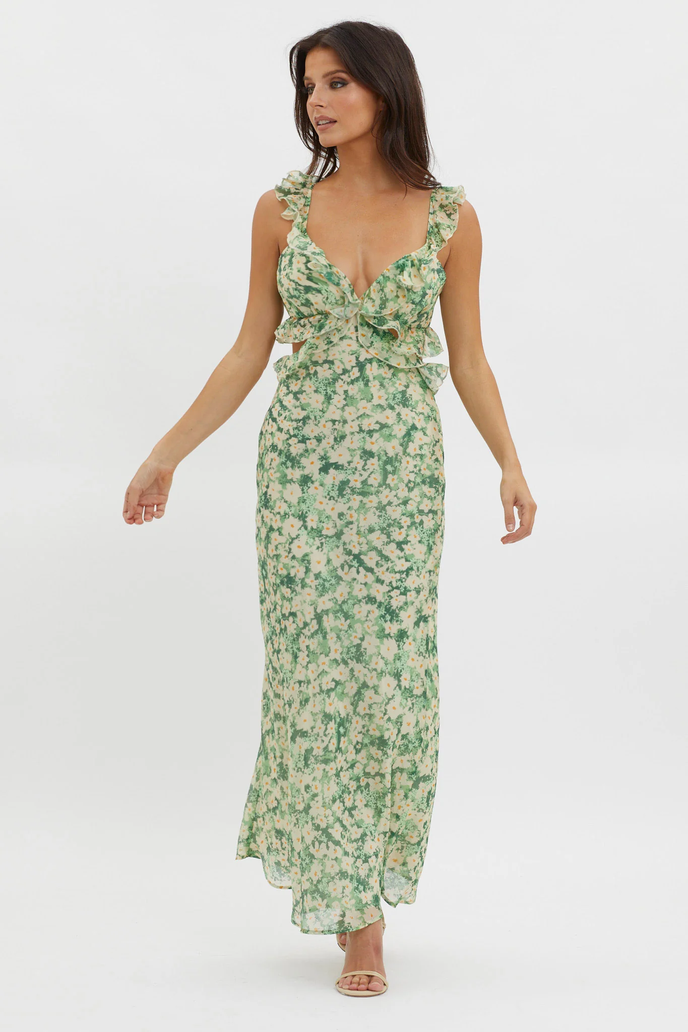 Second Chances Ruffle Trim Maxi Dress Flowers Green