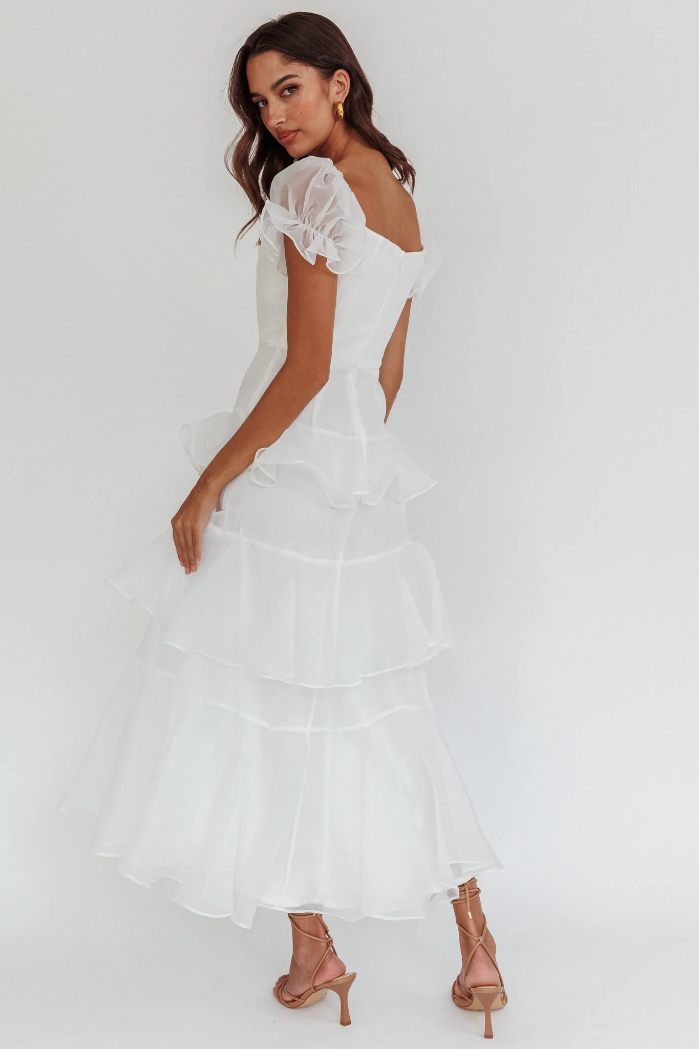 Delwynn Puff Sleeve Layered Midi Dress White