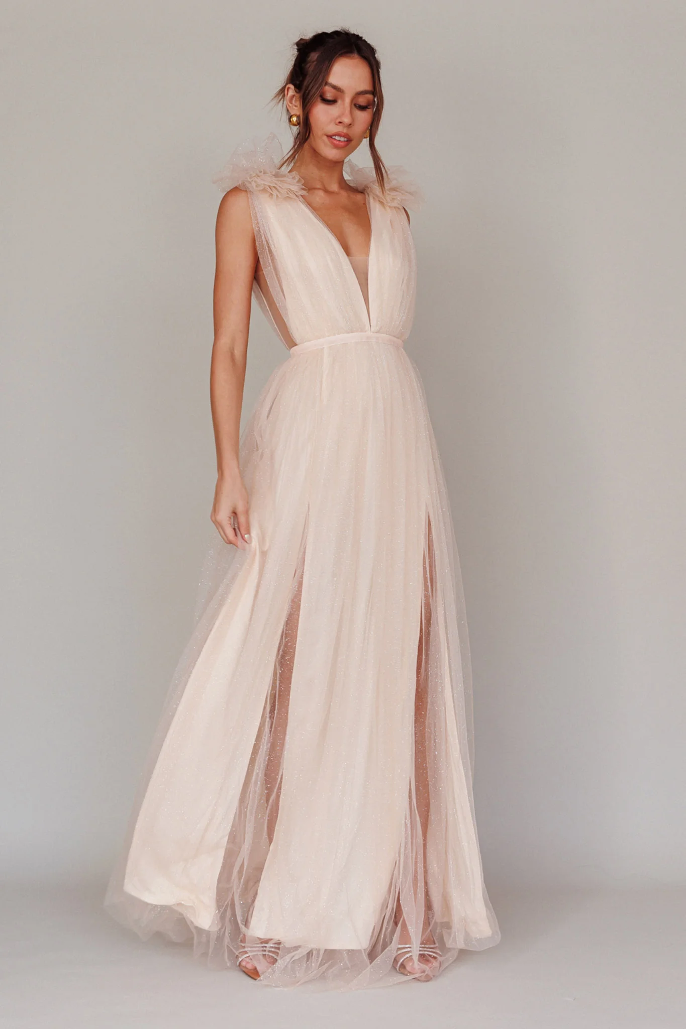 Ludivine Shoulder Accent Mesh Midi Dress Glitter Champagne