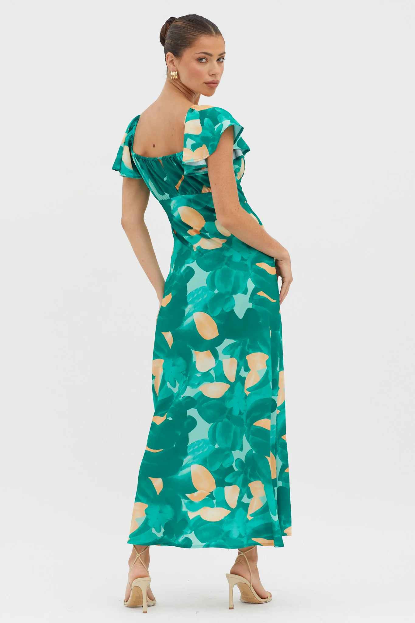 Park Avenue Flutter Sleeve Midi Dress Abstract Green