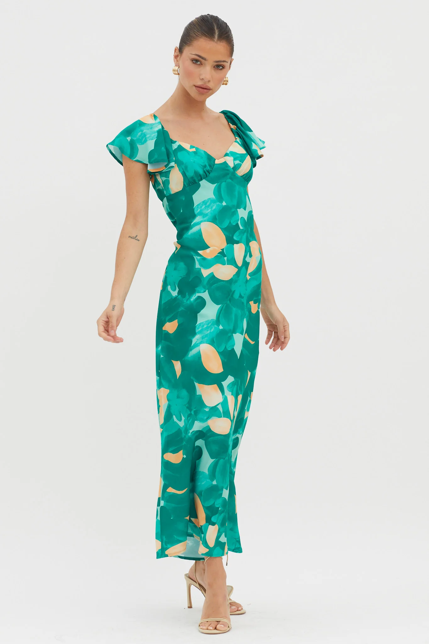 Park Avenue Flutter Sleeve Midi Dress Abstract Green