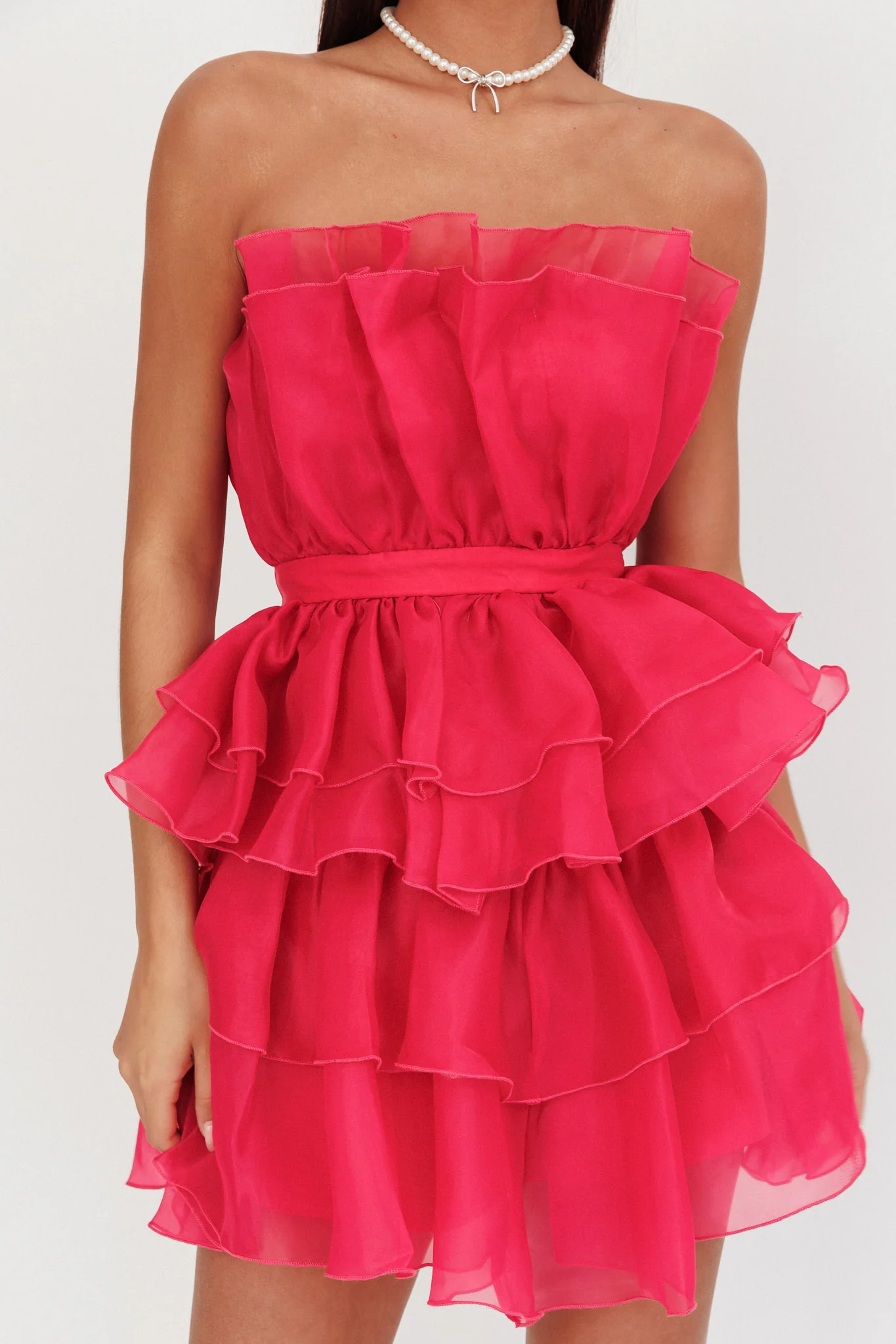Bon Bon Tiered Chiffon Mini Dress Fuchsia