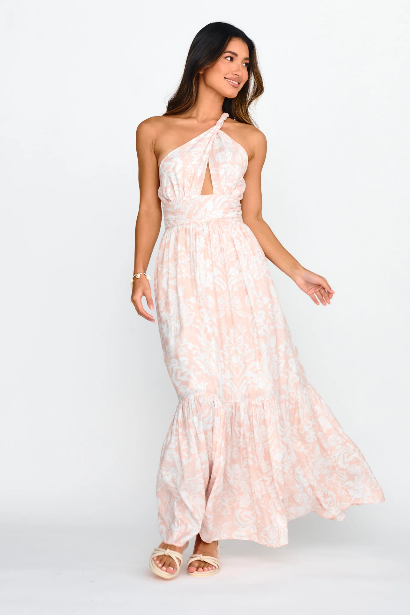 Kamali One-Shoulder Keyhole Maxi Dress Beige