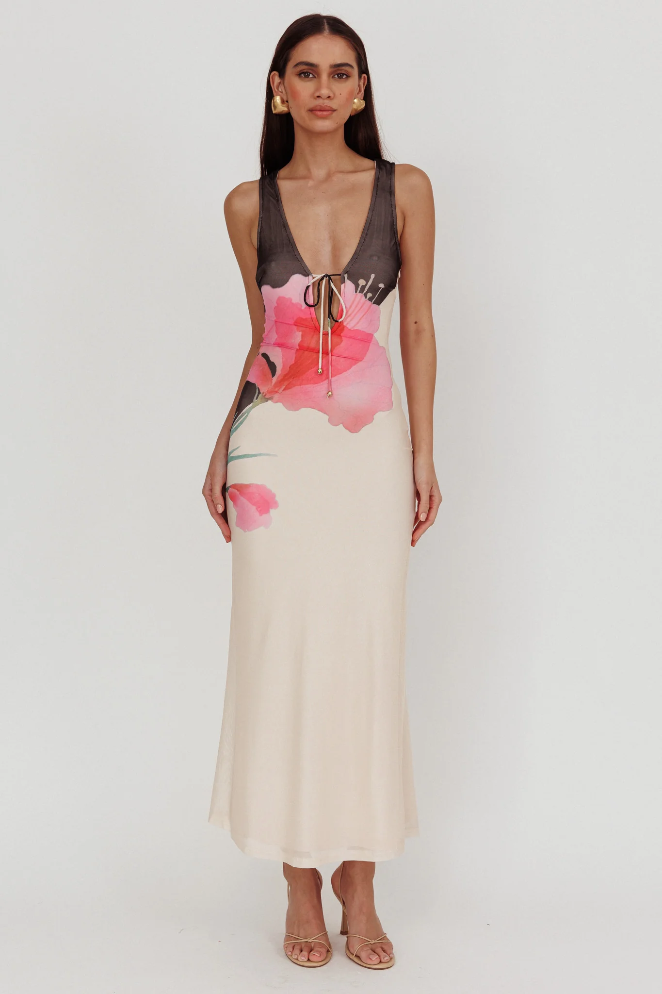 Cinders Tied Plunging Neckline Maxi Dress Flower Black