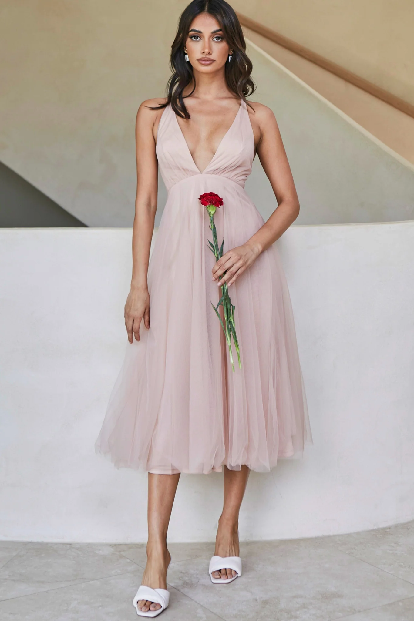 Floating By Plunging Neckline Mesh Overlay Midi Dress Apricot