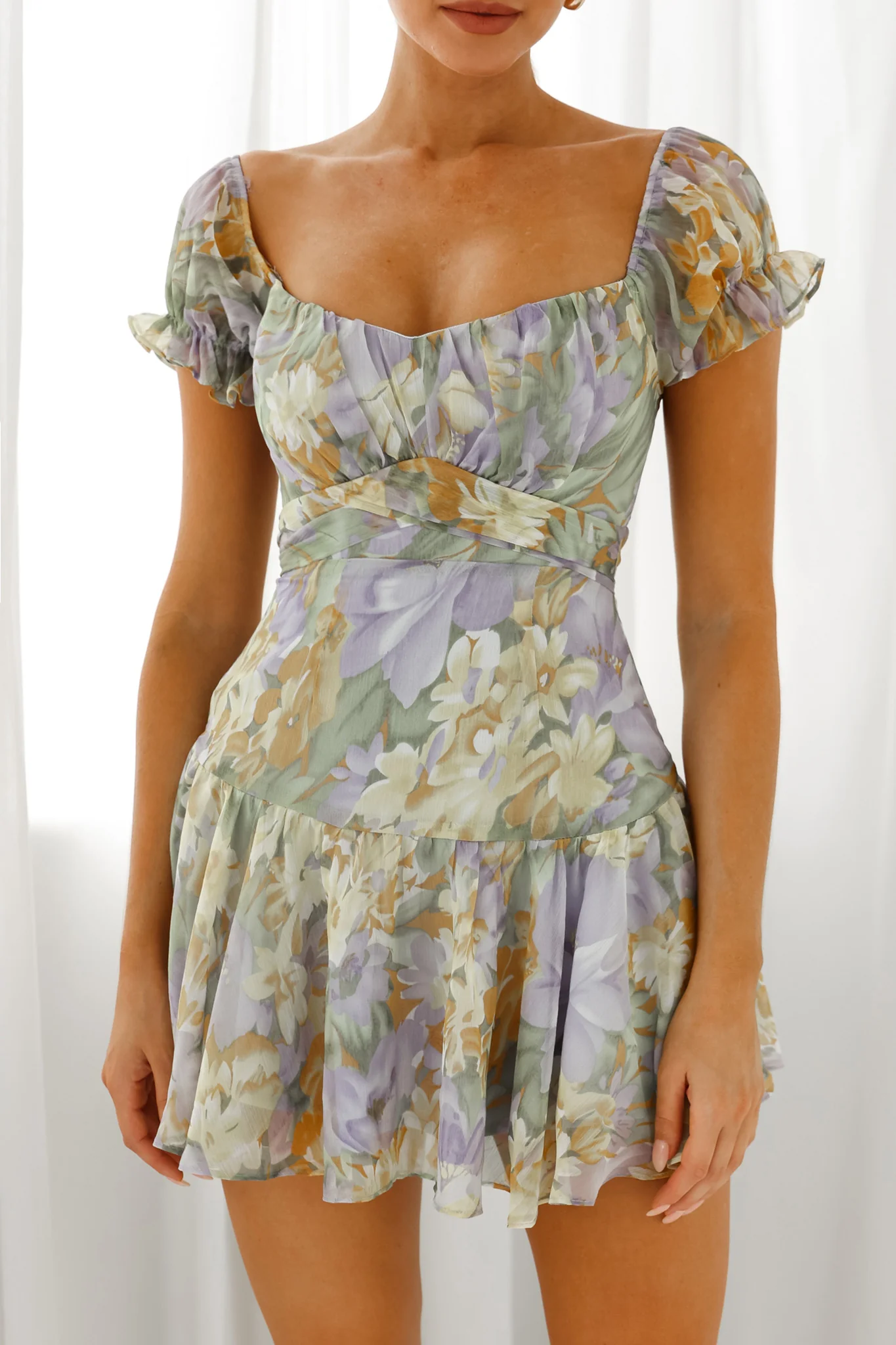 Linka Off-Shoulder Tie Back Fluted Hem Dress Floral Print Yellow