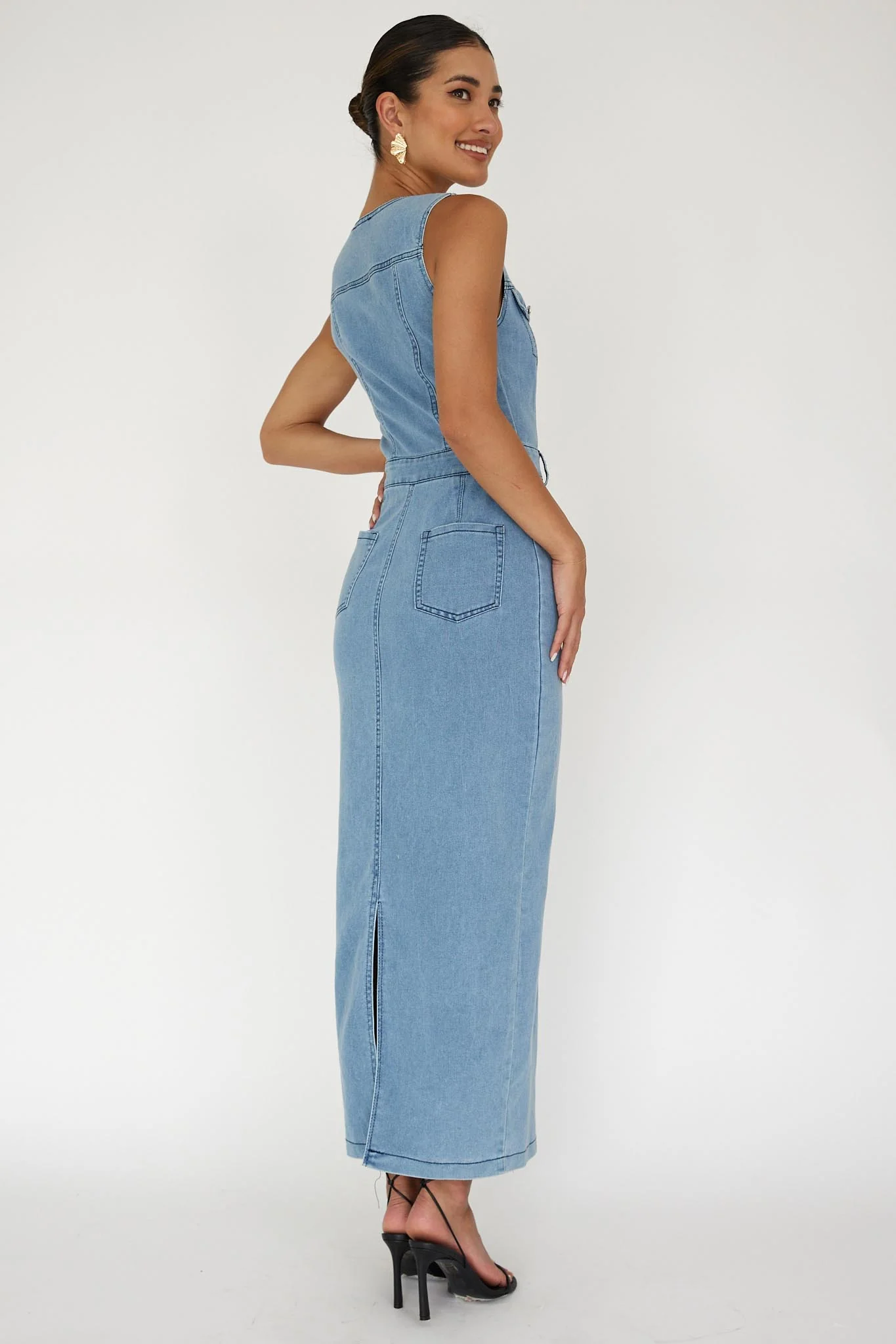 Jazelle Sleeveless Button Front Maxi Dress Denim