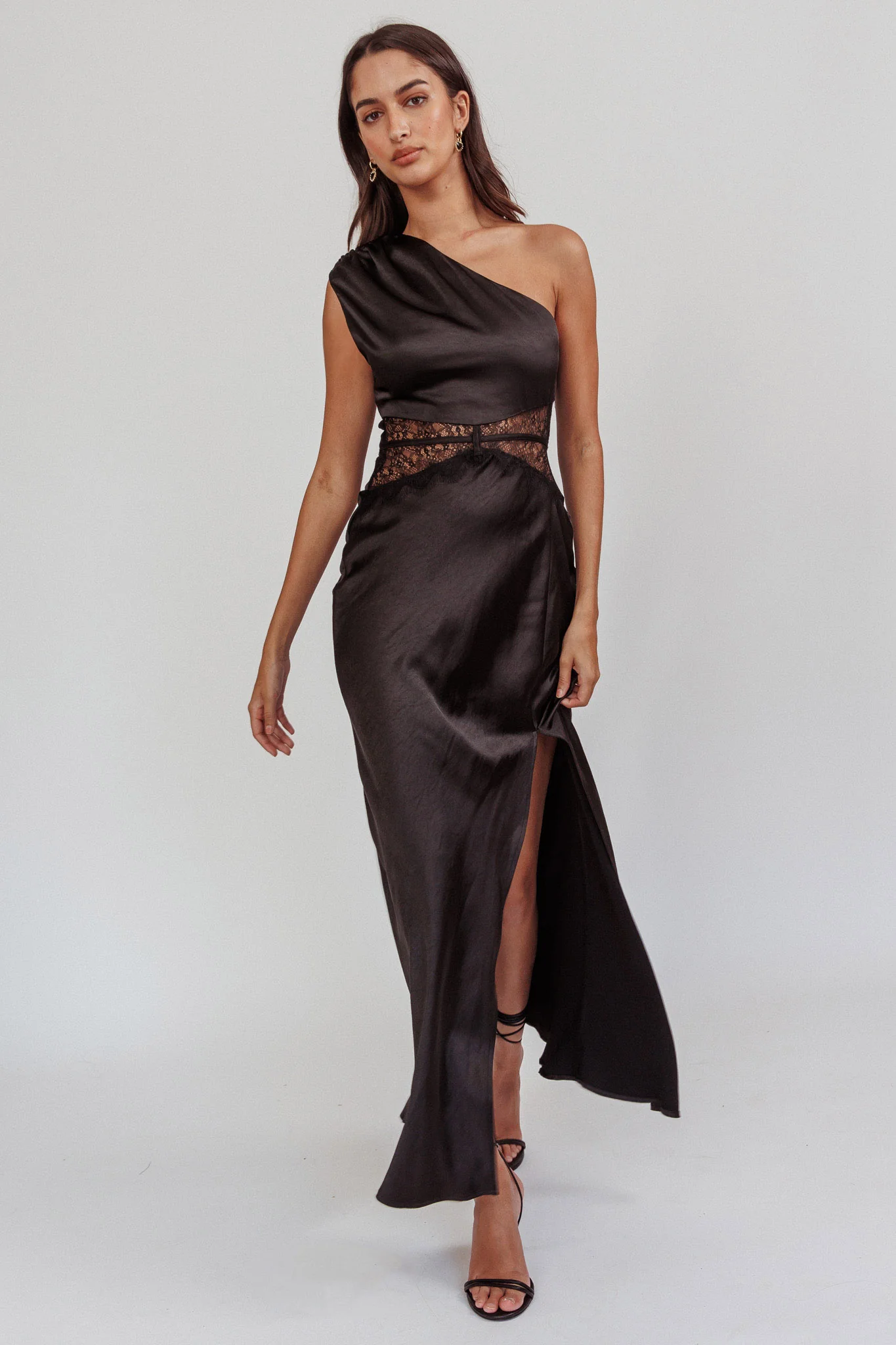 Tarly Lace Waist One-Shoulder Maxi Dress Black