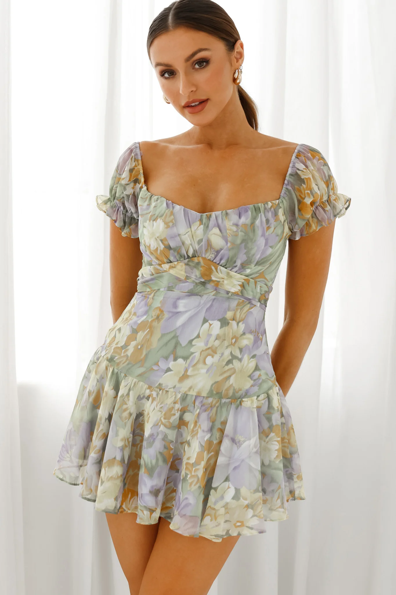 Linka Off-Shoulder Tie Back Fluted Hem Dress Floral Print Yellow