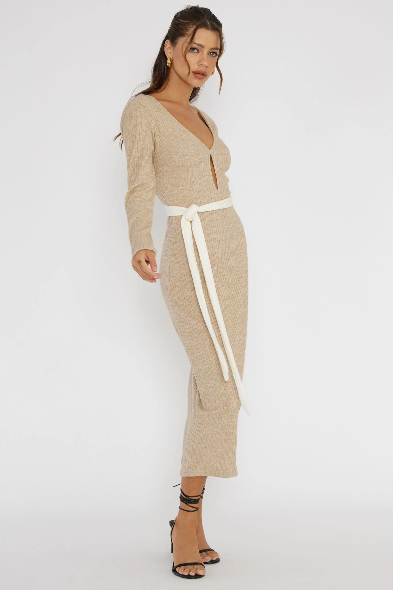 So Emotional Long Sleeve Cut-Out Knit Dress Oat