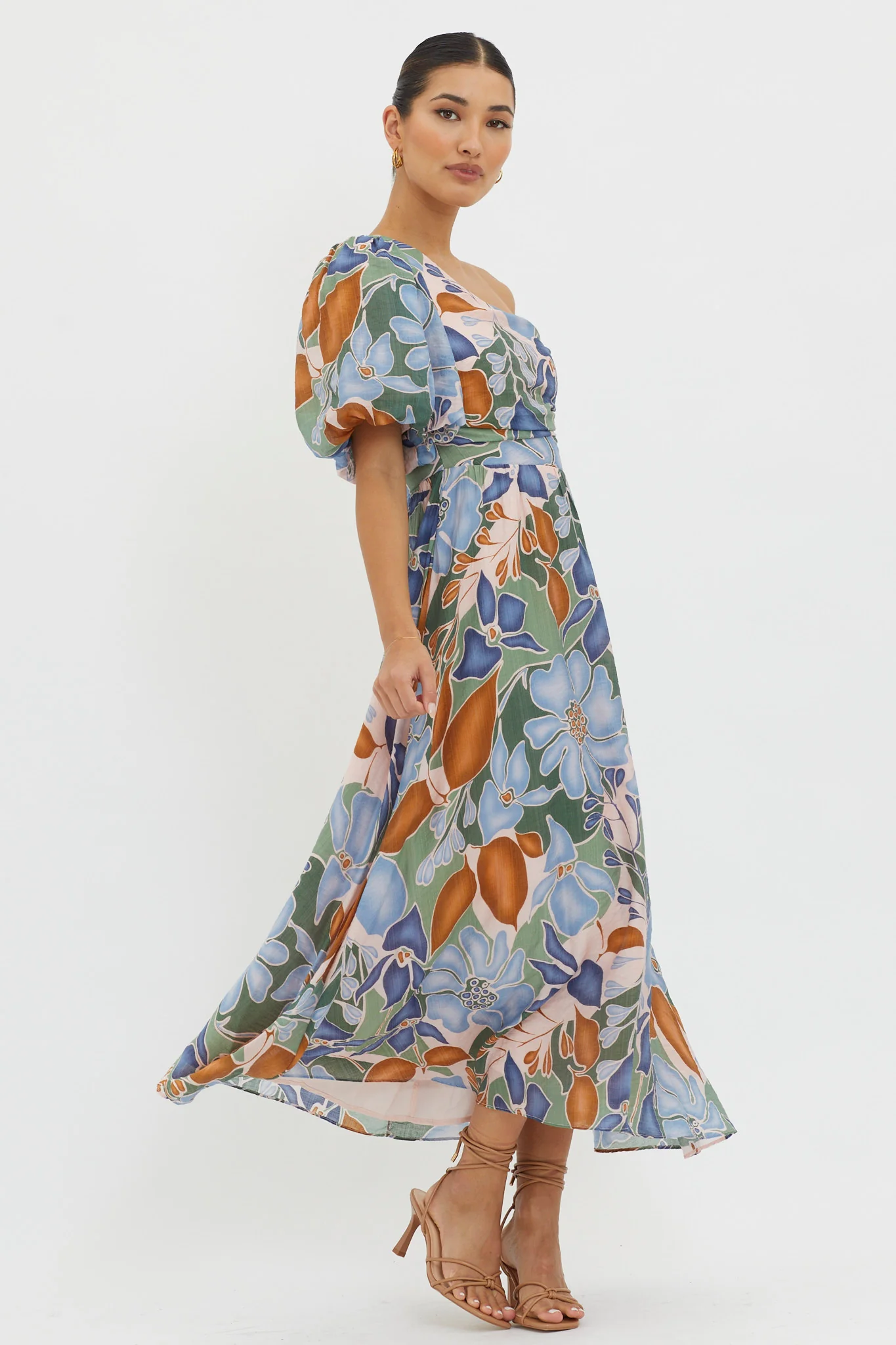 Jayni Puffed One Shoulder Midi Dress Blue