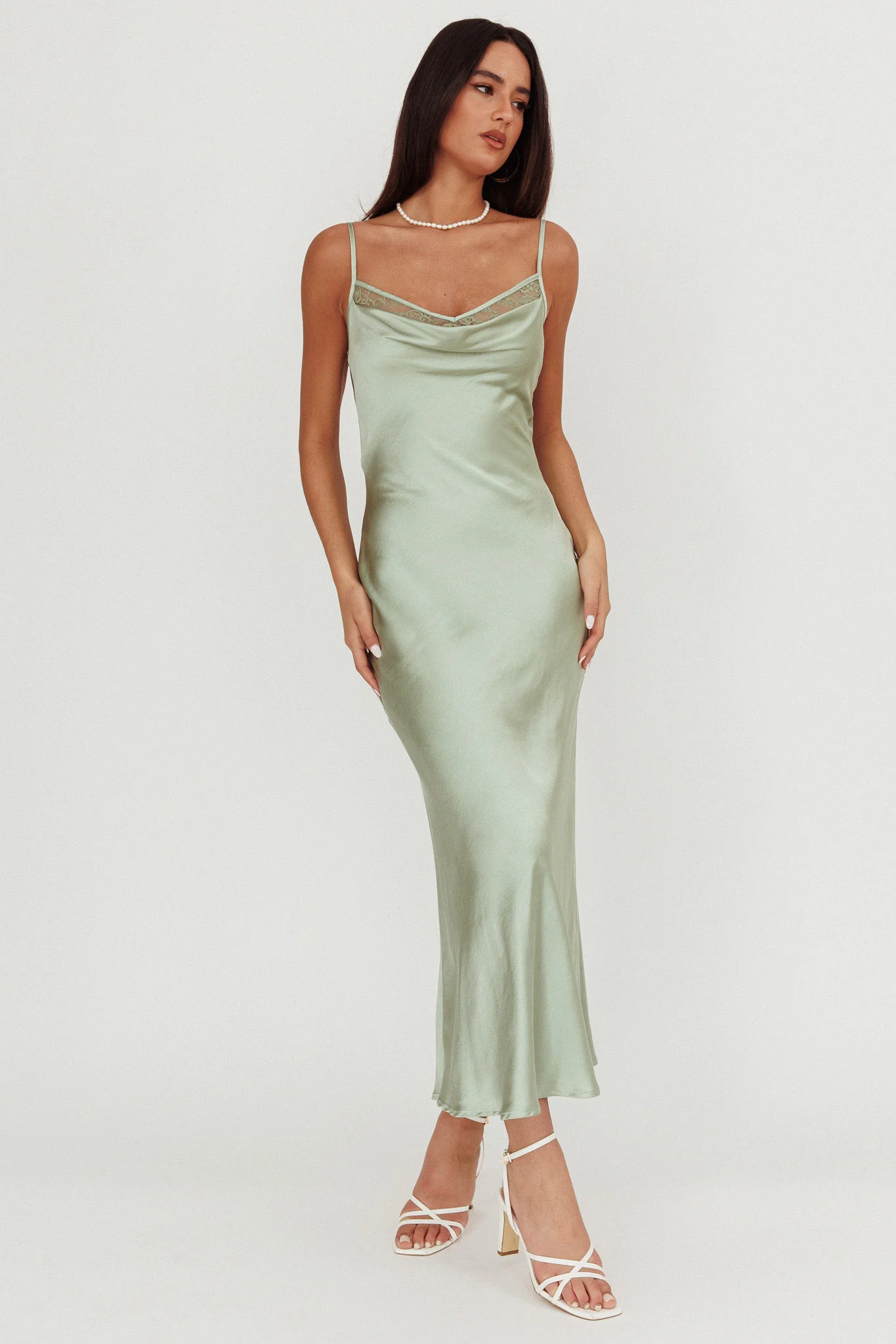 Gentle Touch Cowl Neck Satin Maxi Dress Sage