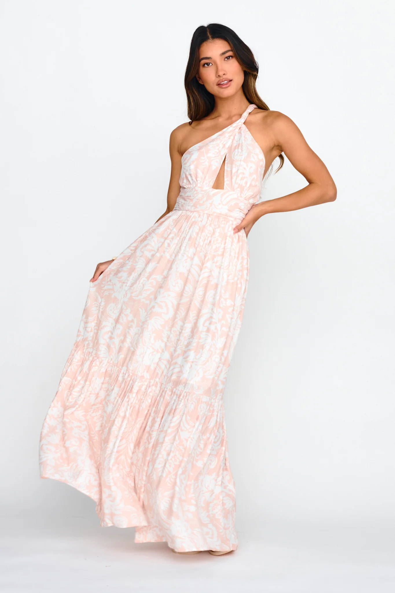 Kamali One-Shoulder Keyhole Maxi Dress Beige