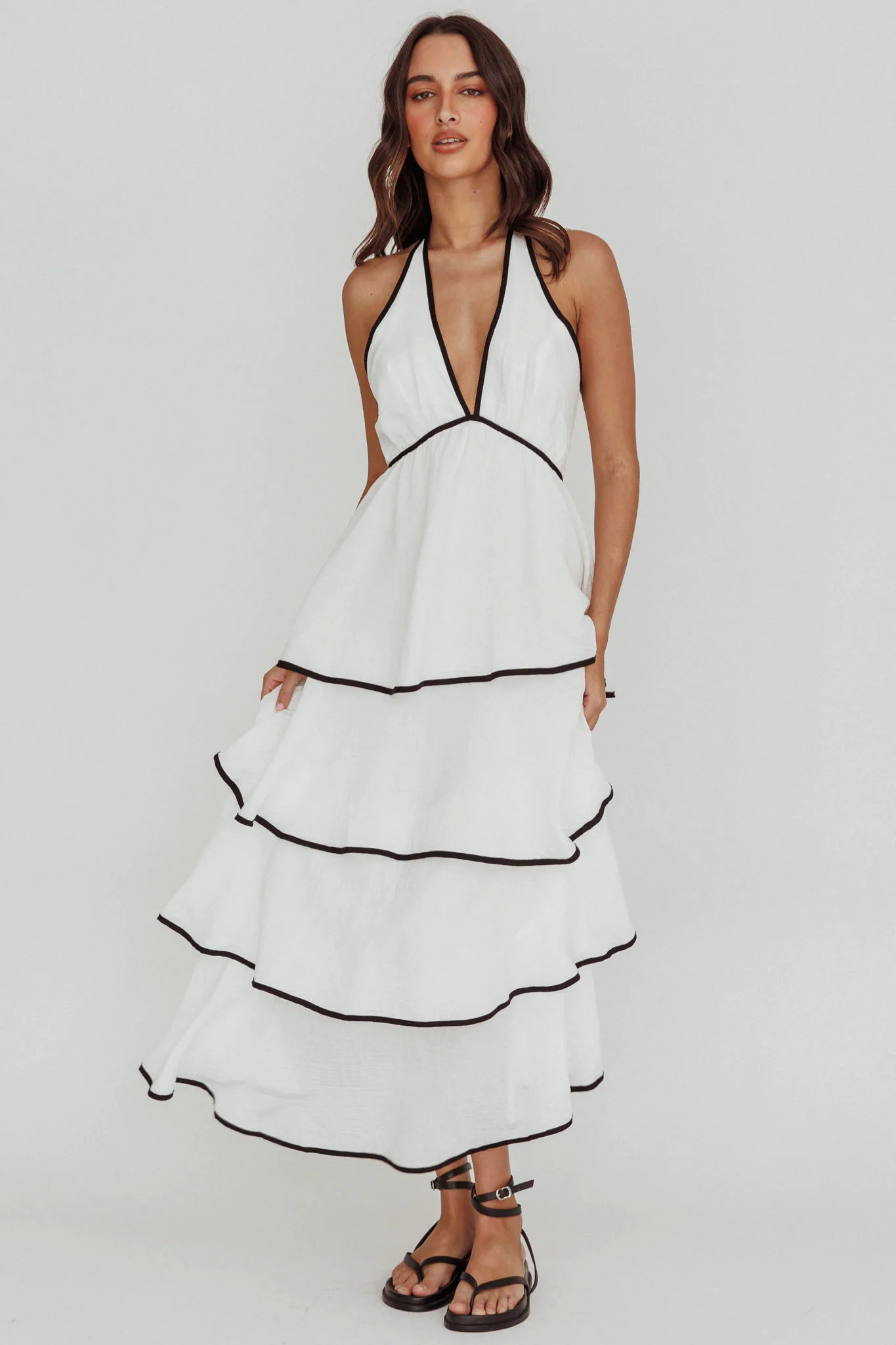 Catalina Tiered Ruffle Maxi Dress White/Black