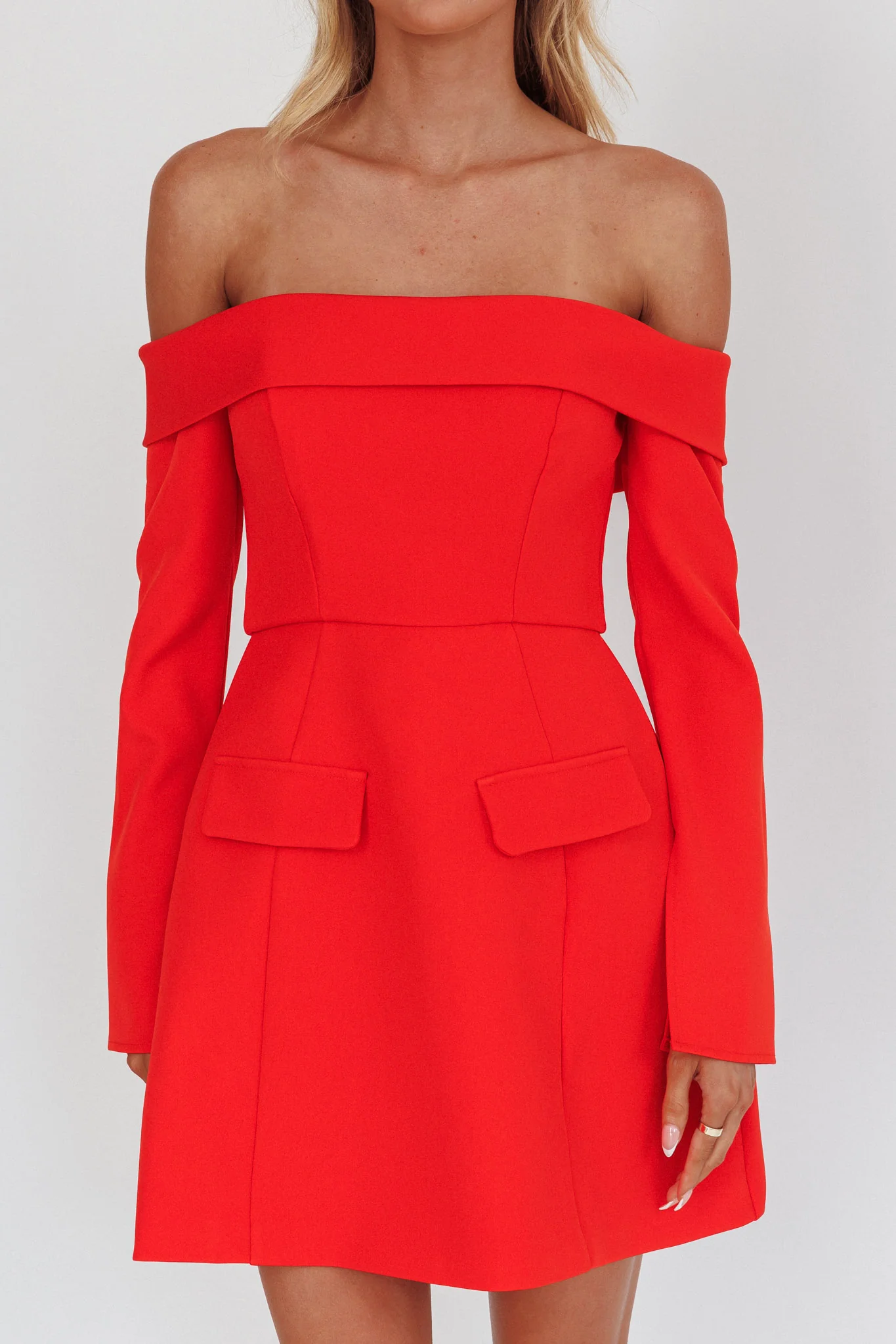 Laviniah Foldover Long Sleeve Mini Dress Red