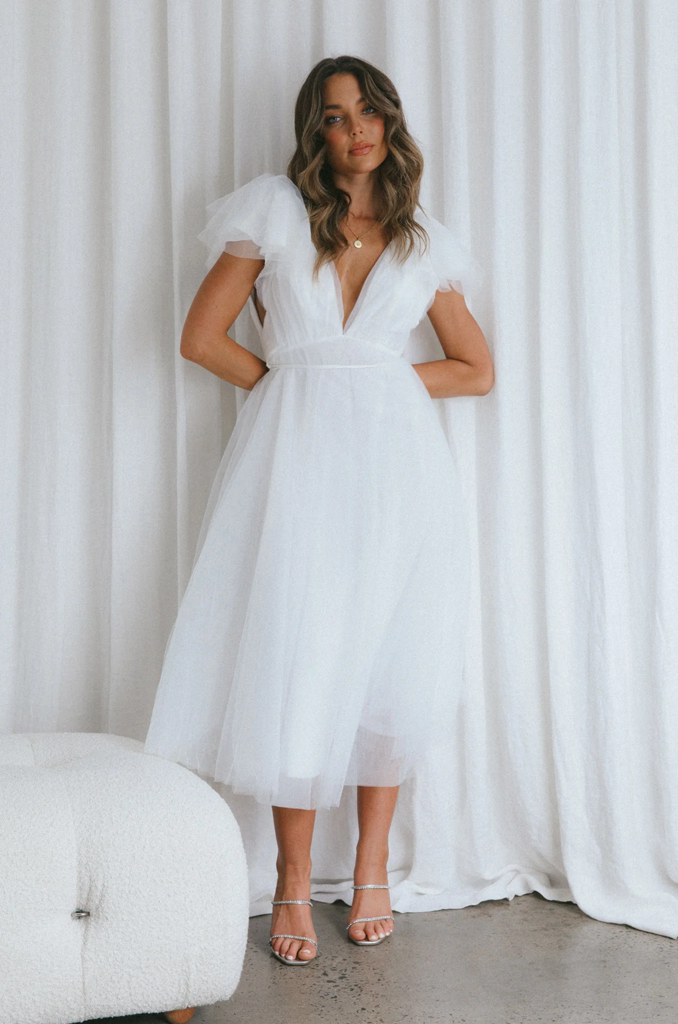 Leap Of Faith Frill Shoulder Tulle Midi Dress White