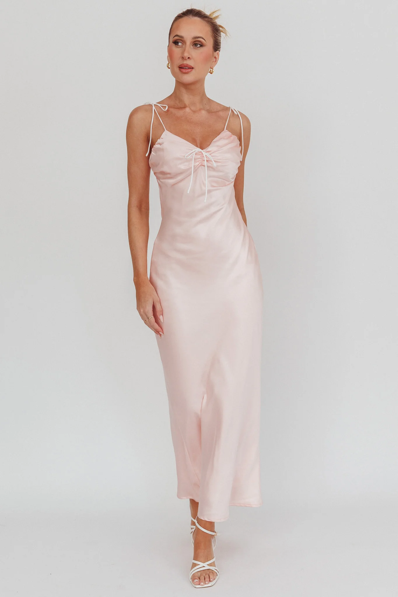 Slow Burn Tied Shoulders Satin Maxi Dress Pink
