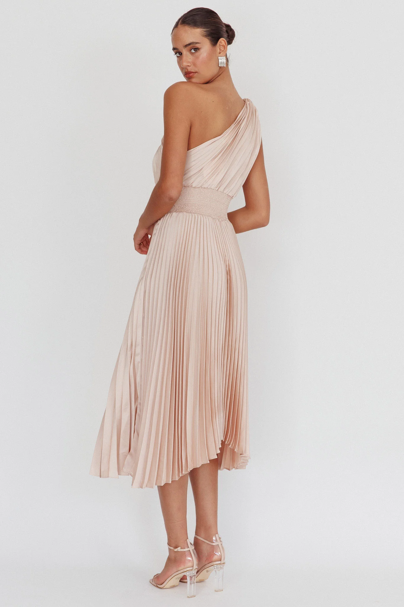 Calissa One Shoulder Pleated Midi Dress Champagne